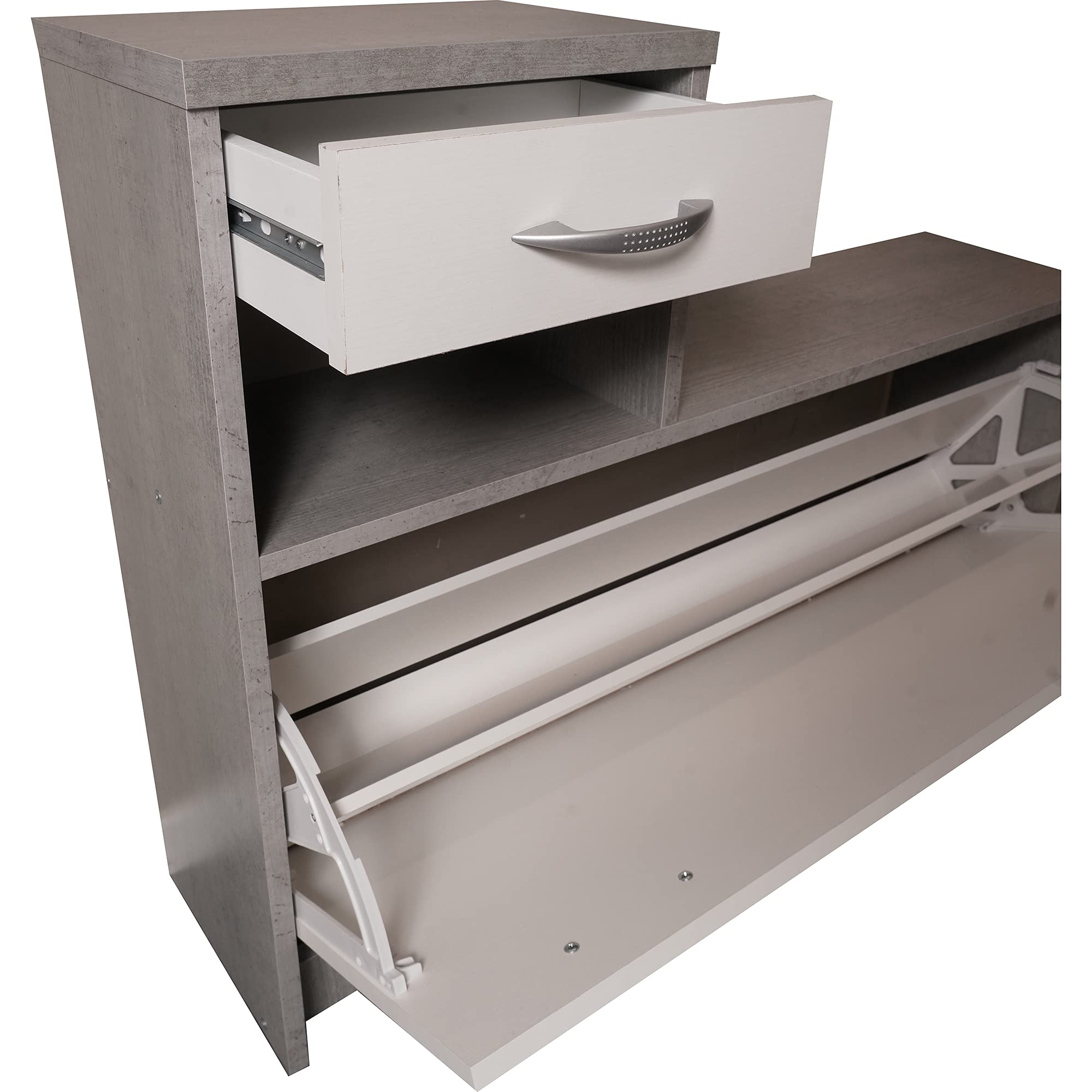 Dmora - Mobile da ingresso con specchiera, entratina per atrio con scarpiera, Svuotatasche per piccoli appartamenti, cm 100x25h180, colore Bianco e Cemento