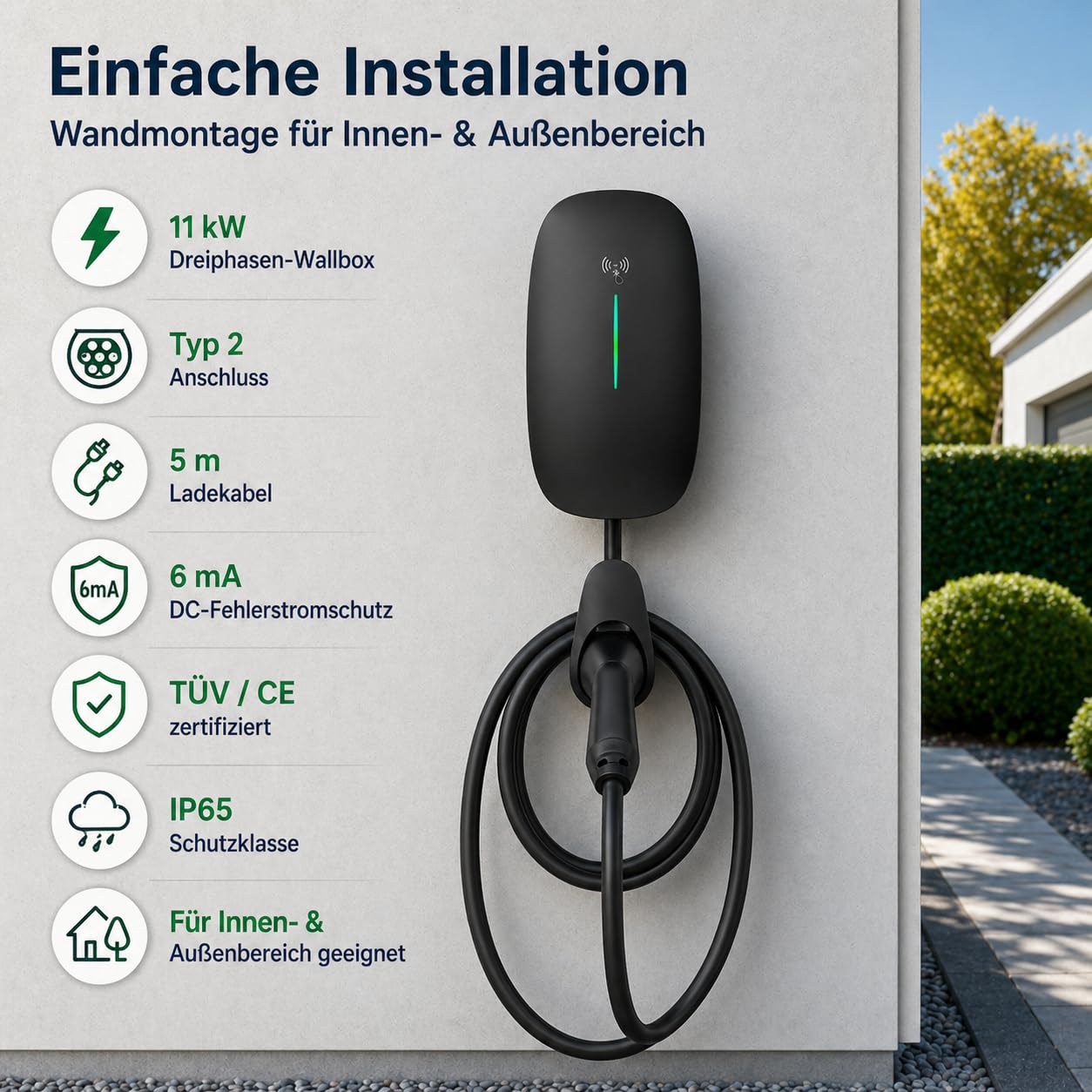 22 kW Wallbox Ladestation | Typ 2 Ladekabel 7m | WLAN, LAN & 4G | 6 mA DC-Fehlerstromschutz | App-Steuerung & 4 RFID-Karten | Schwarz | OCPP 1.6 & 2.0 | Lastmanagementfähig (11 kW(5m Kabel))