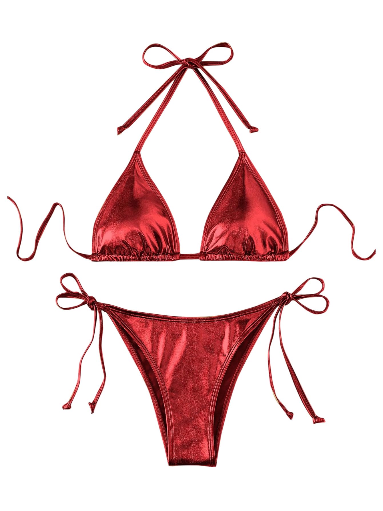 SOLY HUX Women's Metallic Halter Top Two Piece Swimsuit Tie Side Triangle Thong Bikini Bathing Swimwear