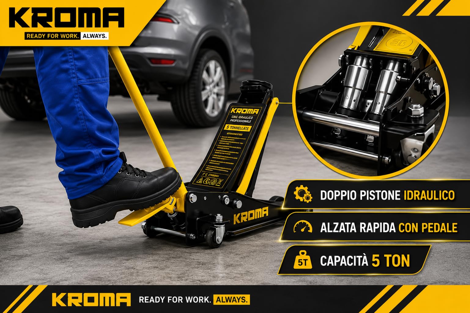 Kroma - Gato hidráulico profesional de 5 toneladas para coche de perfil bajo 75 – 505 mm, doble pistón hidráulico, elevación rápida a pedal, ruedas de metal giratorias