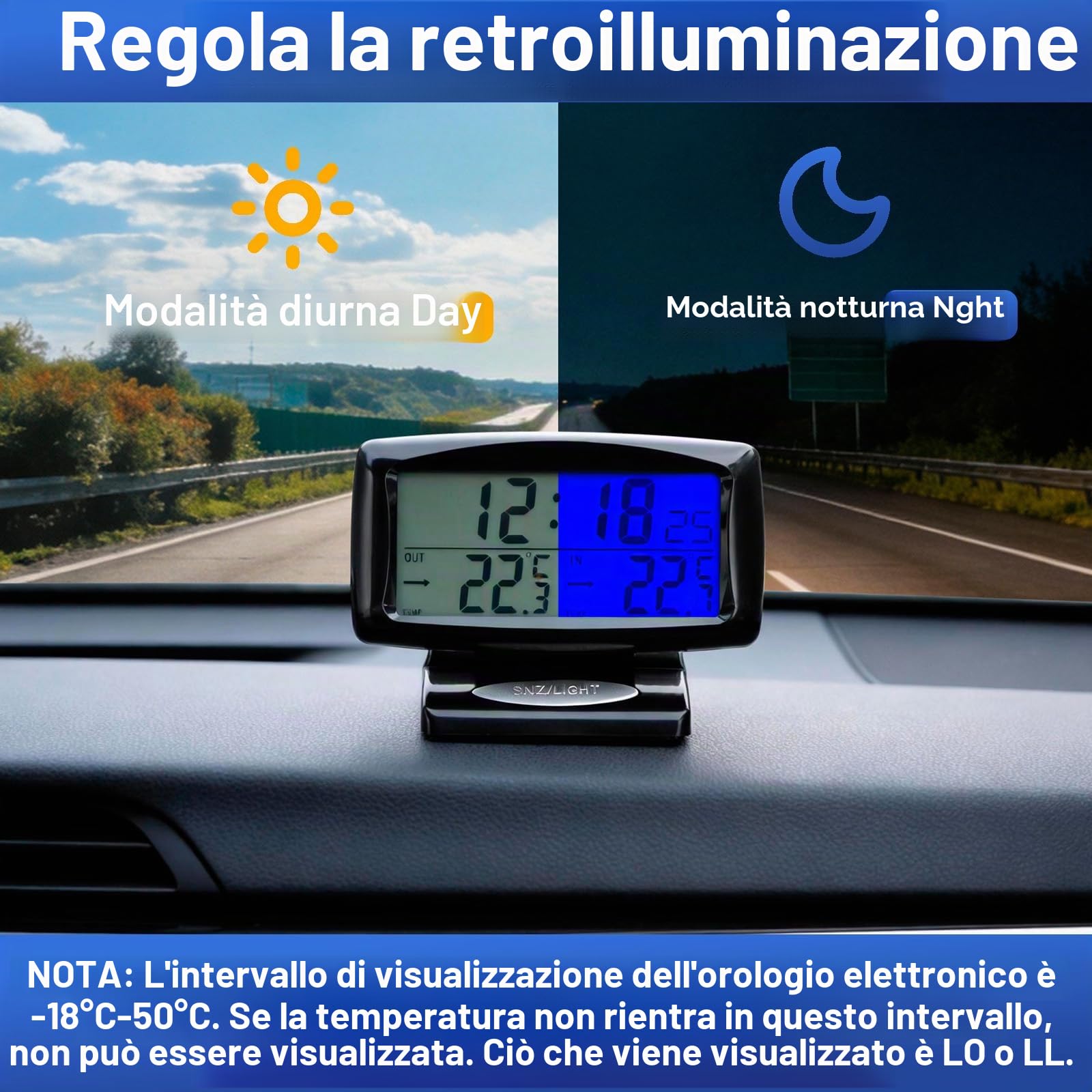Riloer Termometro per orologio da auto, orologio digitale 2 IN 1 e Themp con display a LED per auto da interno e da esterno