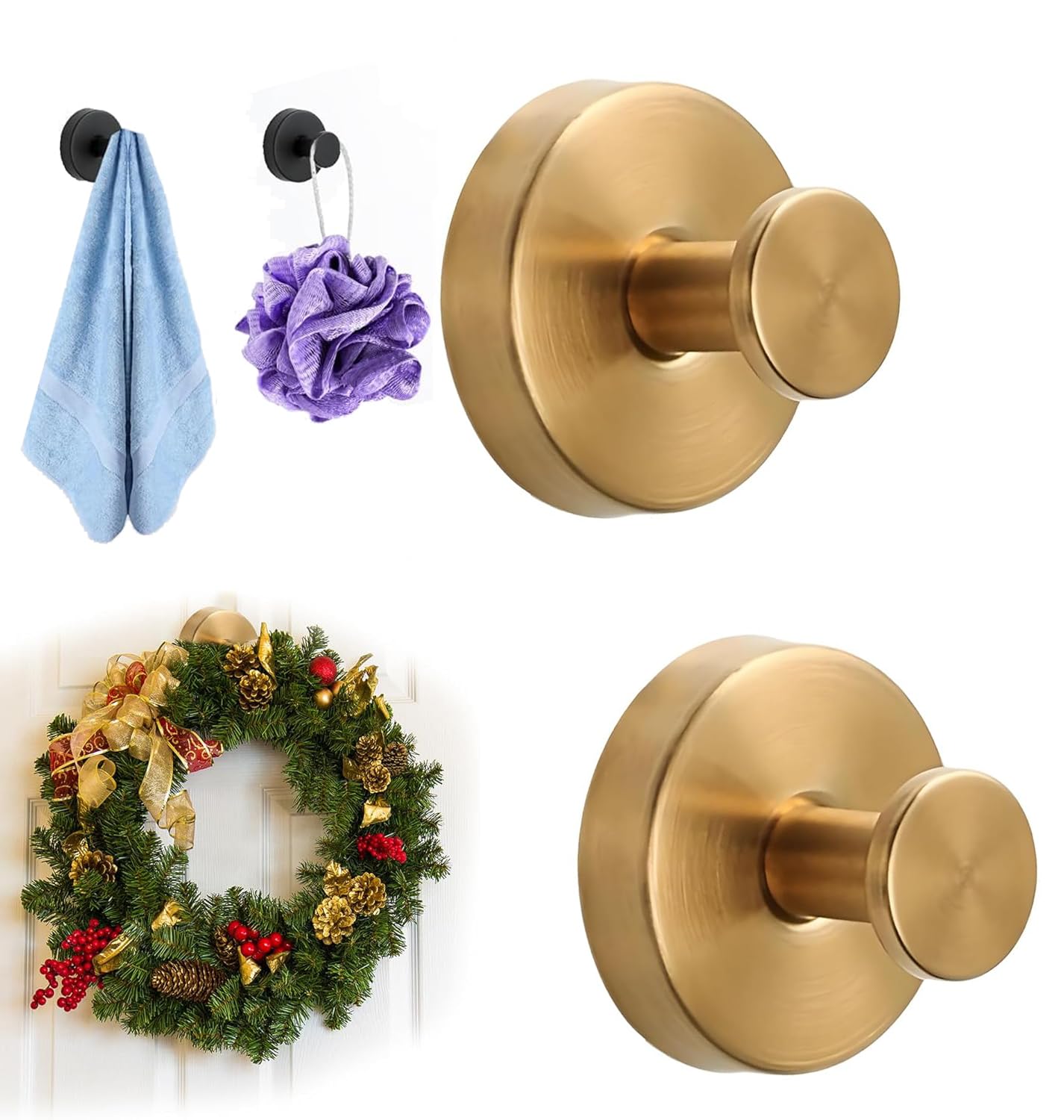 2026 Upgrade Suction Cup Hooks for Wreaths on Glass, Stainless Steel Waterproof No-Drill Suction Cup Hooks, Household Wreath Hanger Holder for Glass Window Door Bathroom Mirrors (Gold, 2PCS)