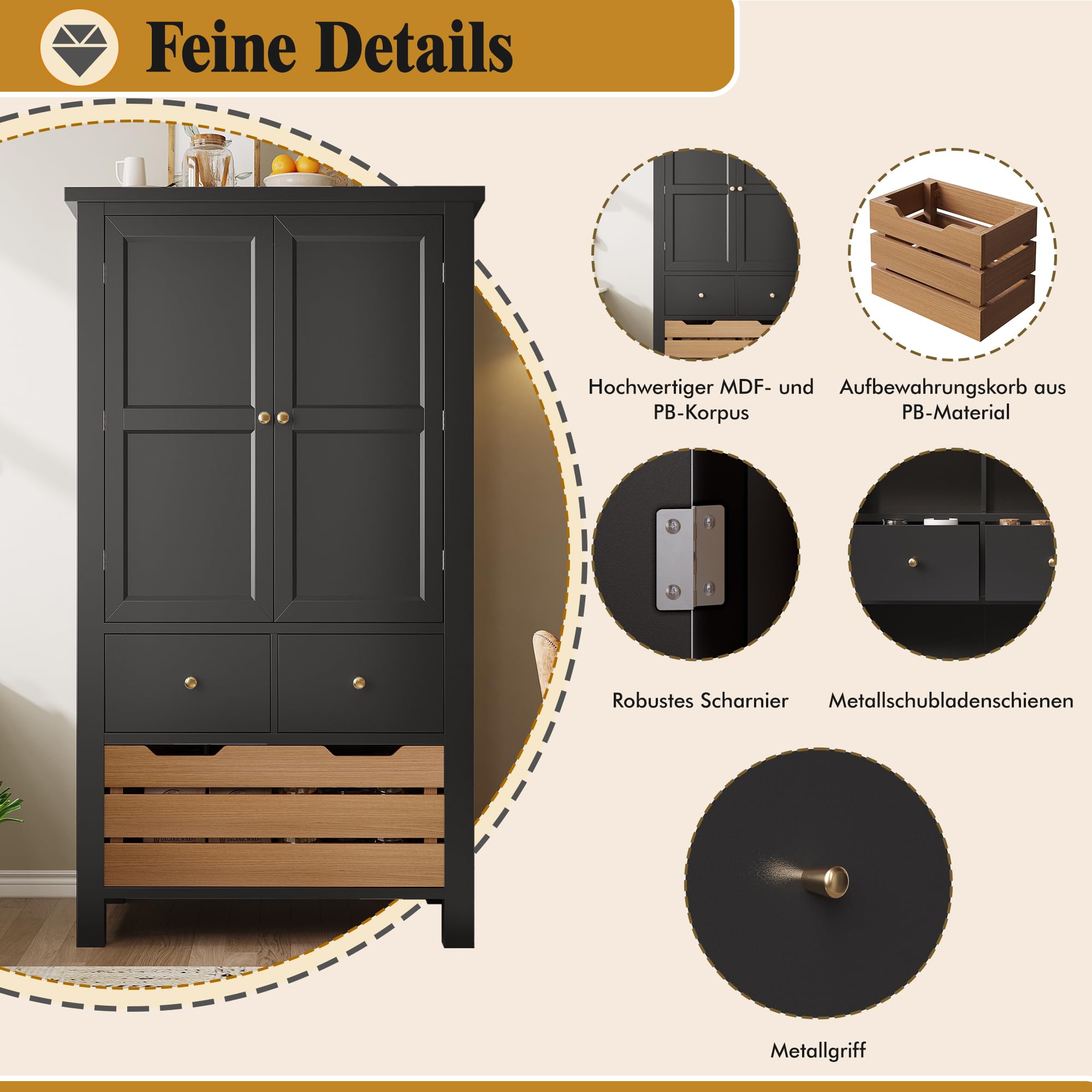 Kebnor Mobiletto da Cucina (80x40x140cm), credenza da cucina alta, credenza multiuso, mobiletto per snack, mobile di stoccaggio con due ante e cinque cassetti (nero)
