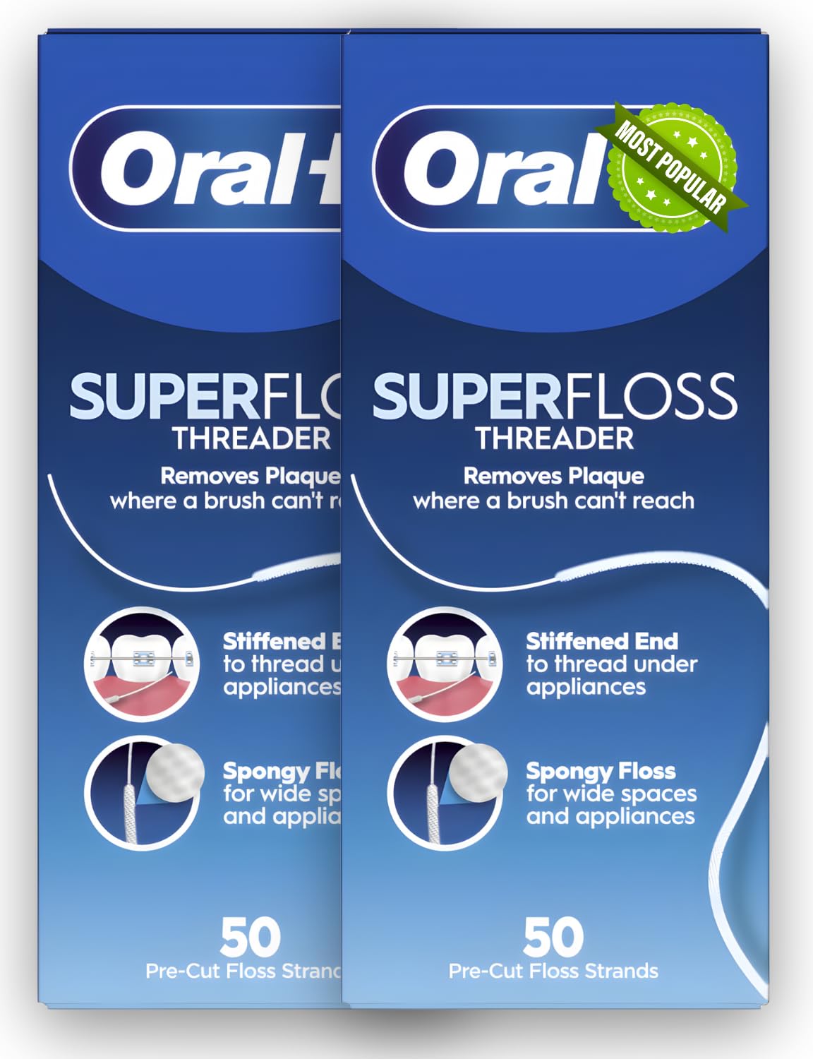 Oral Dental Superfloss 50 Pre-Cut Strands, Dental Floss Pack of 2, Ideal for Braces, Bridges and Wide Spaces 100 Strands in Total