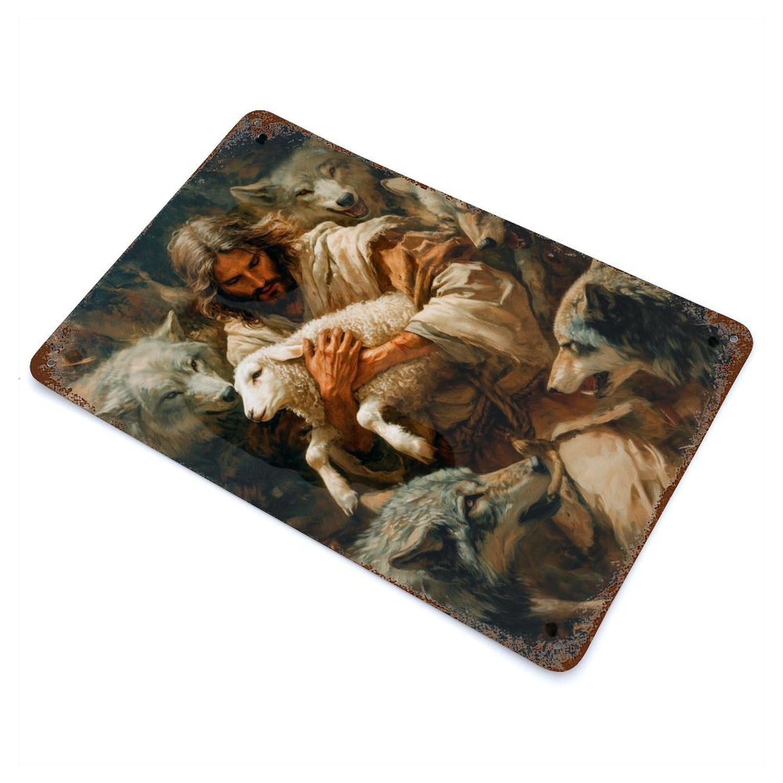 Protection of Jesus Rust Effect Tin Sign 11.8"x7.9", Ideal for Garage, Bar And Workshop Decor