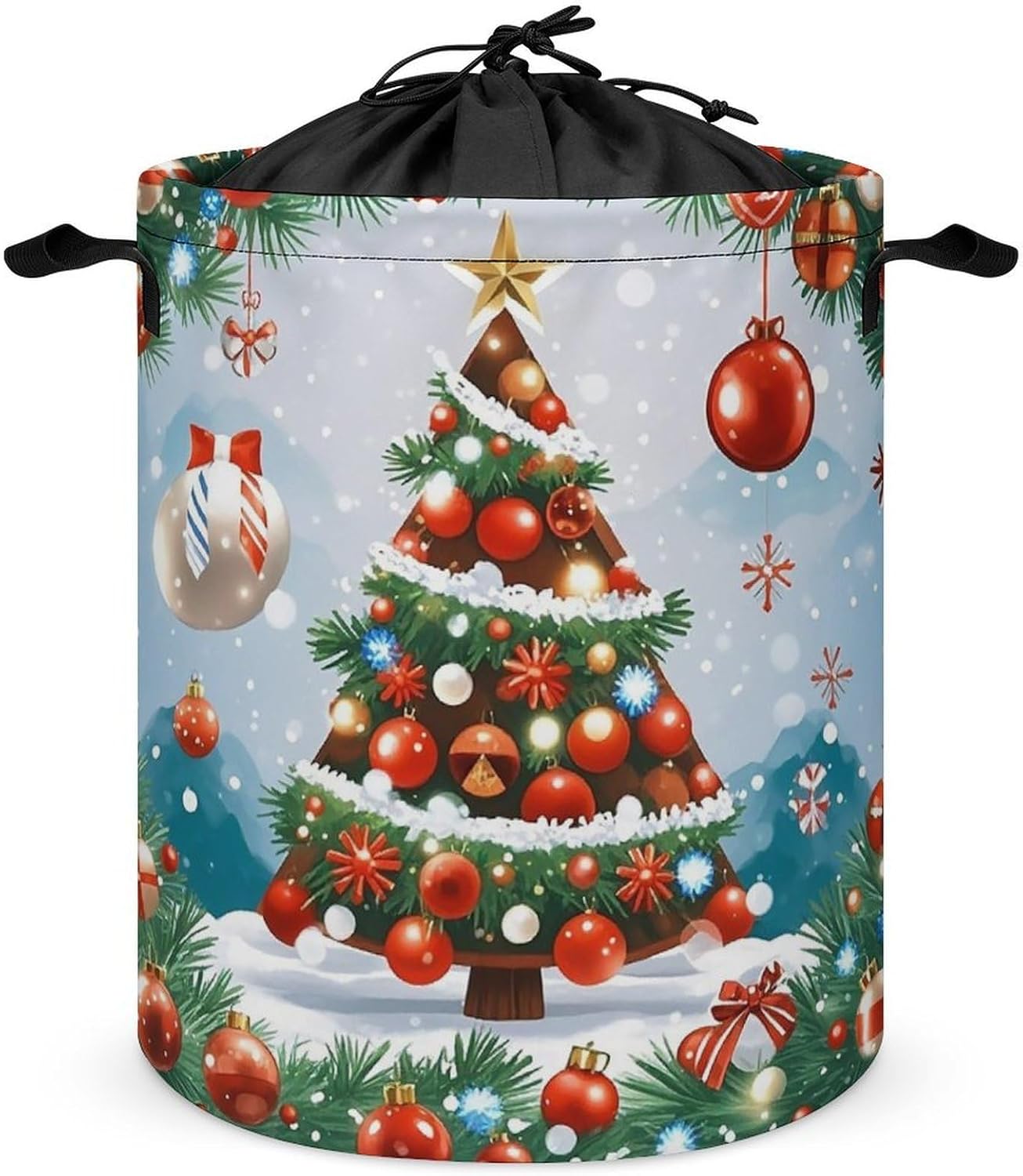 Red Christmas Tree Laundry Bag Large Collapsible Laundry Baskets Freestanding Waterproof Clothes Hamper with Handles & Drawstring for Laundry Room Bedroom Bathroom