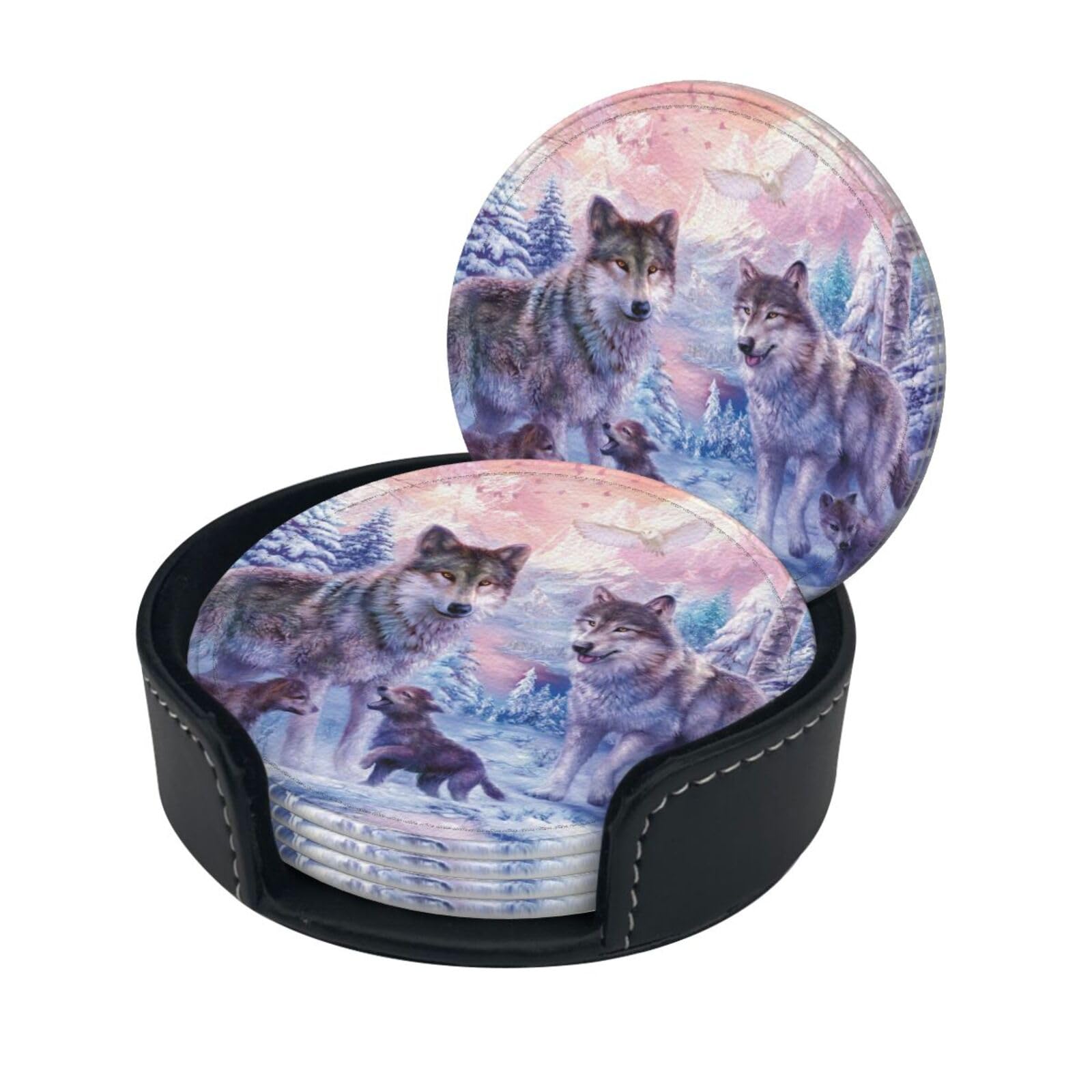 Wquvmds White Wolves Family Print Coasters For Drinks With Holder Set Of 6, Pu Leather Coasters Drink Coasters Cup Pad Mats