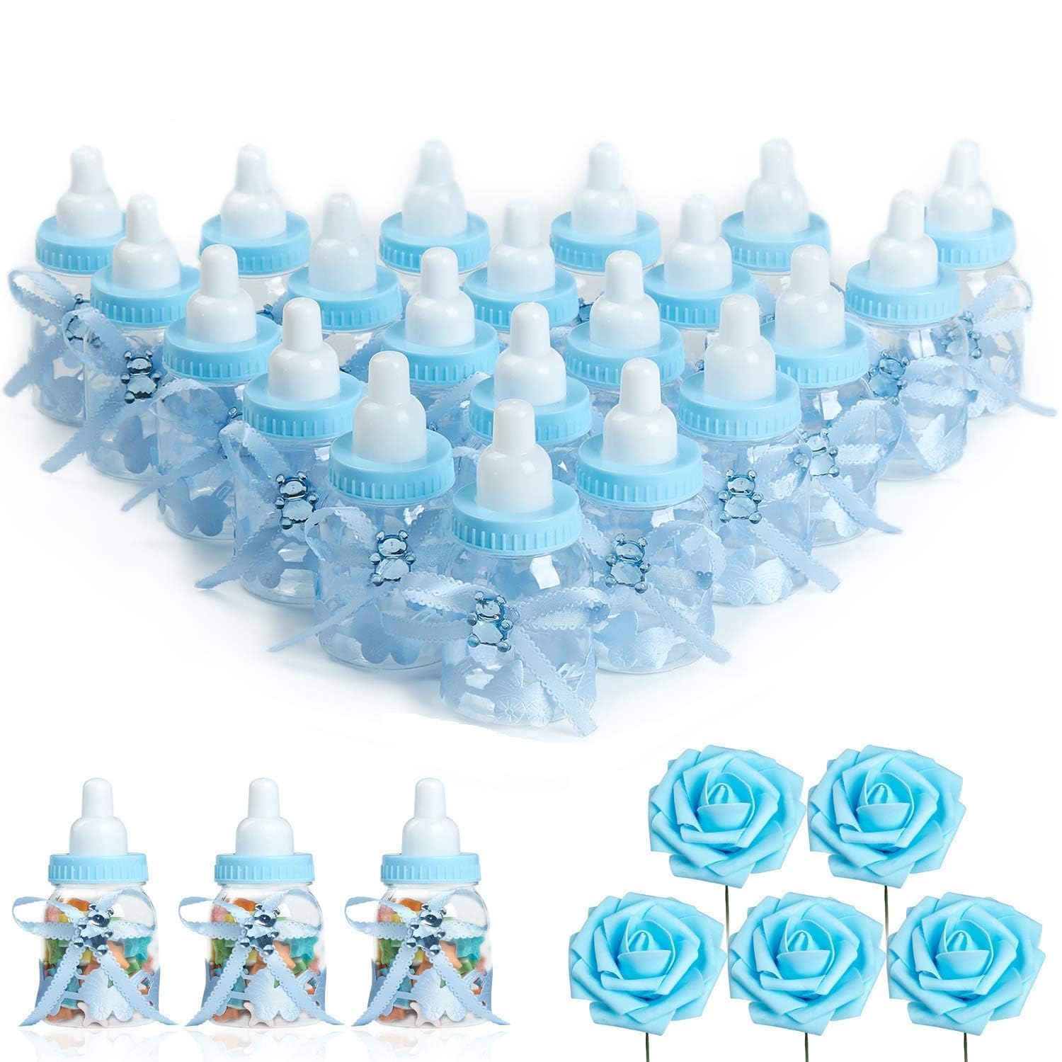 N&T Nieting Men's Blue Baby Shower Candy Bottle, 24Pcs Baby Shower Favours Fillable Baby Bottles With 5Pcs Roses, Mini Feeding Box For Infant Baptism Party Supplies Boy Girl Christening Birthday Decor(Blue)