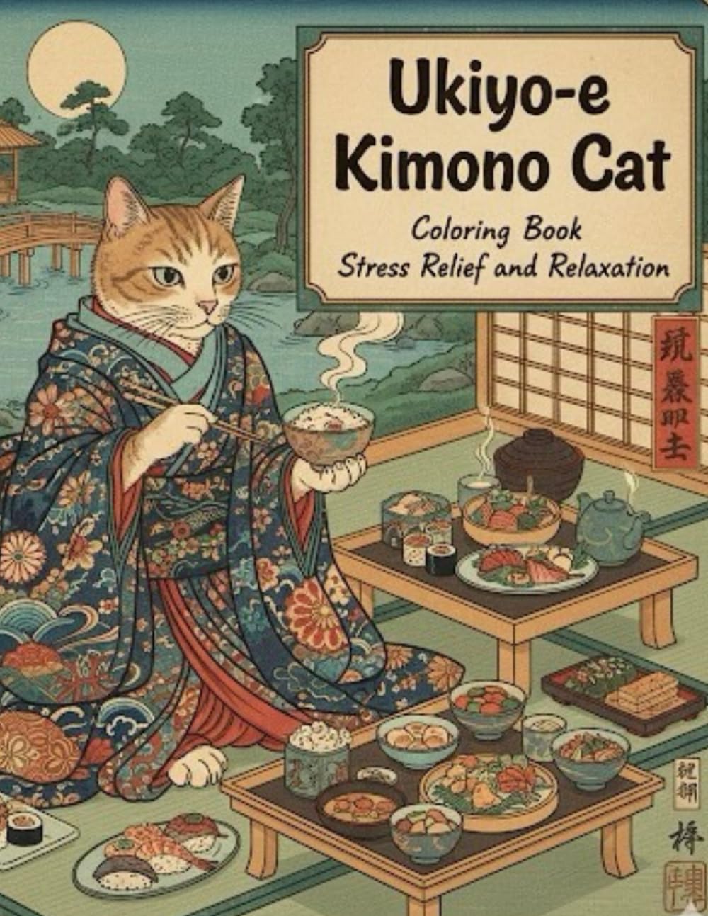 Ukiyo-e Kimono Cat: Coloring Book Stress Relief and Relaxation