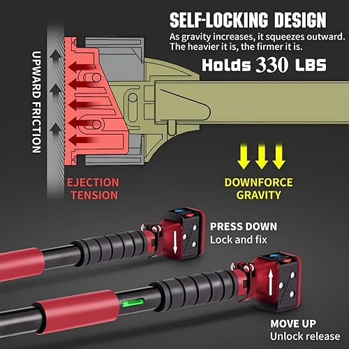 Miniatura 4 de Barra de dominadas para puerta, barra de barbilla ajustable con mecanismo de bloqueo inteligente, equipo de entrenamiento de fuerza sin tornillos