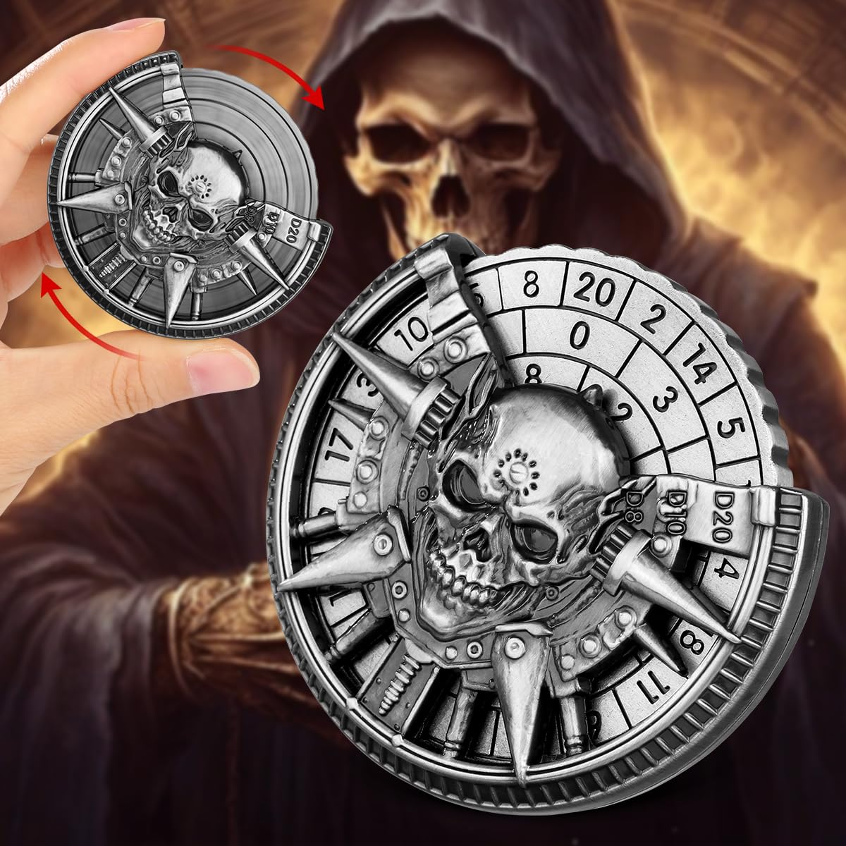 Teschio Roulette Dadi Spinner, 7-in-1 Metallico Spinner Dadi DND, Teschio Fidget Spinners, Regali di D&D con Sacchetto Regalo Logo Drago, Giochi di Ruolo, Accessori per Giochi da Tavolo, Argento Scuro