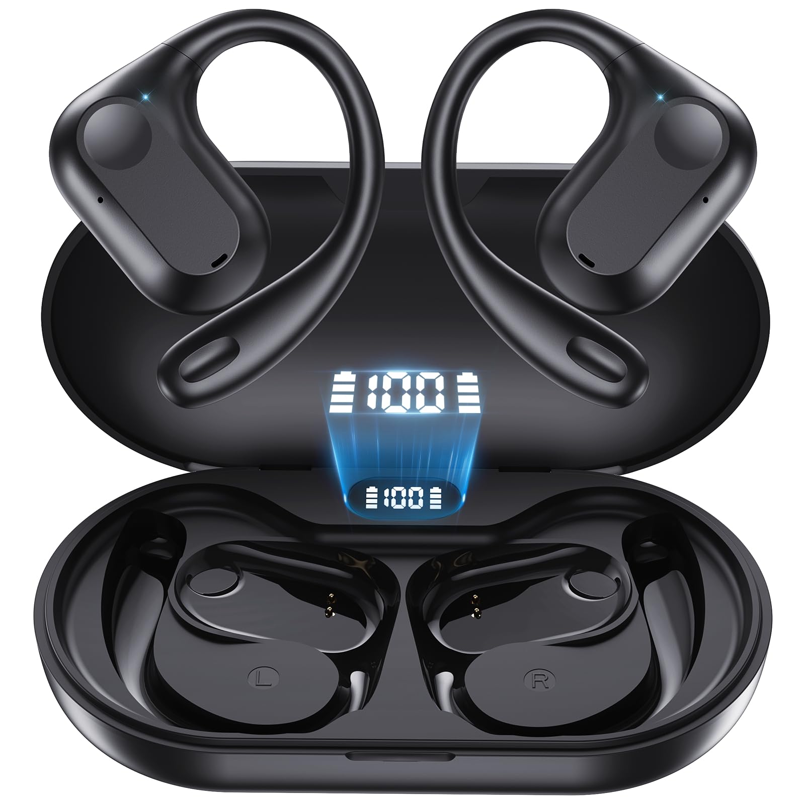 Open Ear Headphones Wireless Earbuds Air-Conduction Bluetooth Earphones LED Digital Display 24H Playtime Over Ear Buds Stereo Sound Lightweight with Earhooks for iPhone Android Cell Phones Sports Work