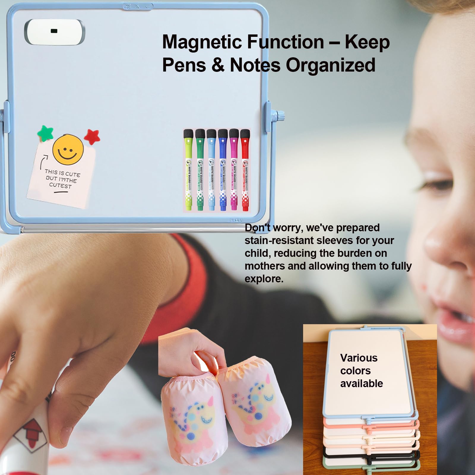Pizarra blanca magnética A3 30x40 cm doble cara con soporte y 8 rotuladores kit completo para niños y oficina bolsa EVA portátil anti-manchas,Superficie anti-fantasma,Imanes,Marco ABS duradero,Cepillo