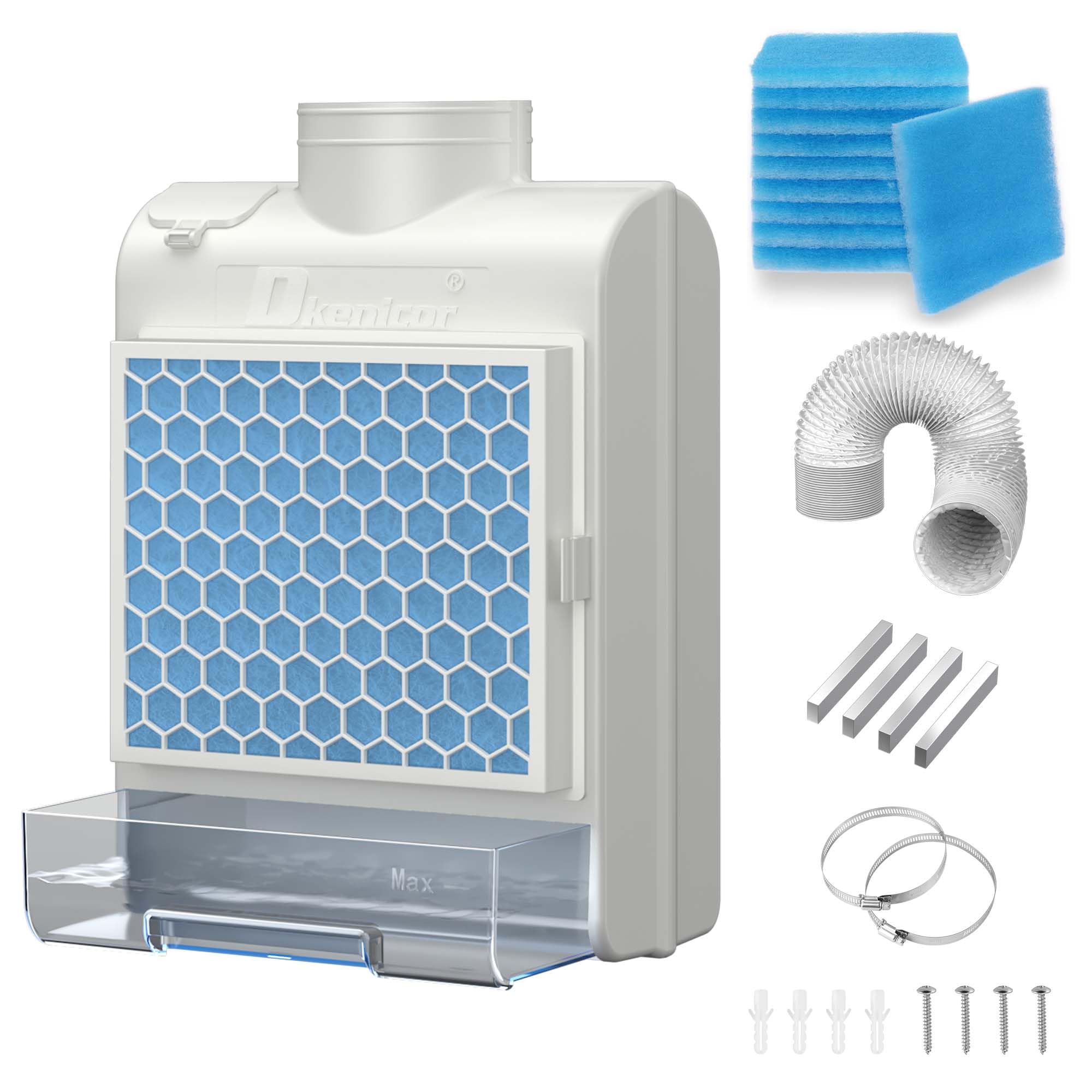 3-in-1 Indoor Dryer Vent Kit for Electric Dryer, Dryer Vent Box with 10 Pieces Polyester Filters, Stainless Steel Screen Filter and Water Drawer System (Vent Hose Include), White