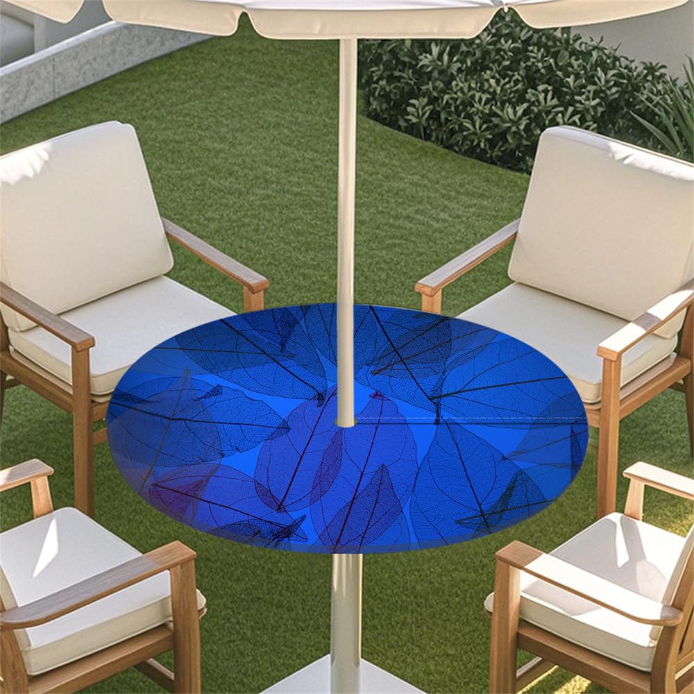 Surwin Outdoor Round Tablecloth with Parasol Umbrella Hole Zipper, Elastic Edge Fitted Protector Round Table Cloth Waterproof Table Cover for Garden BBQ Party -Summer Leaf (Dark Blue,L(114-137cm)