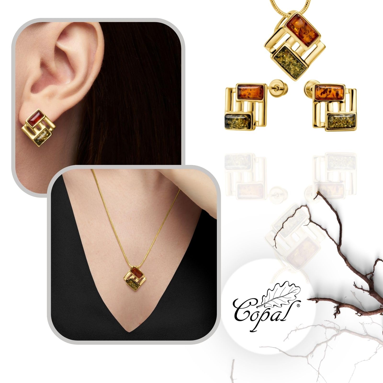 Copal Damen Bernstein Schmuckset Silber 925 Goldplattiert Mit Bunt Anhänger