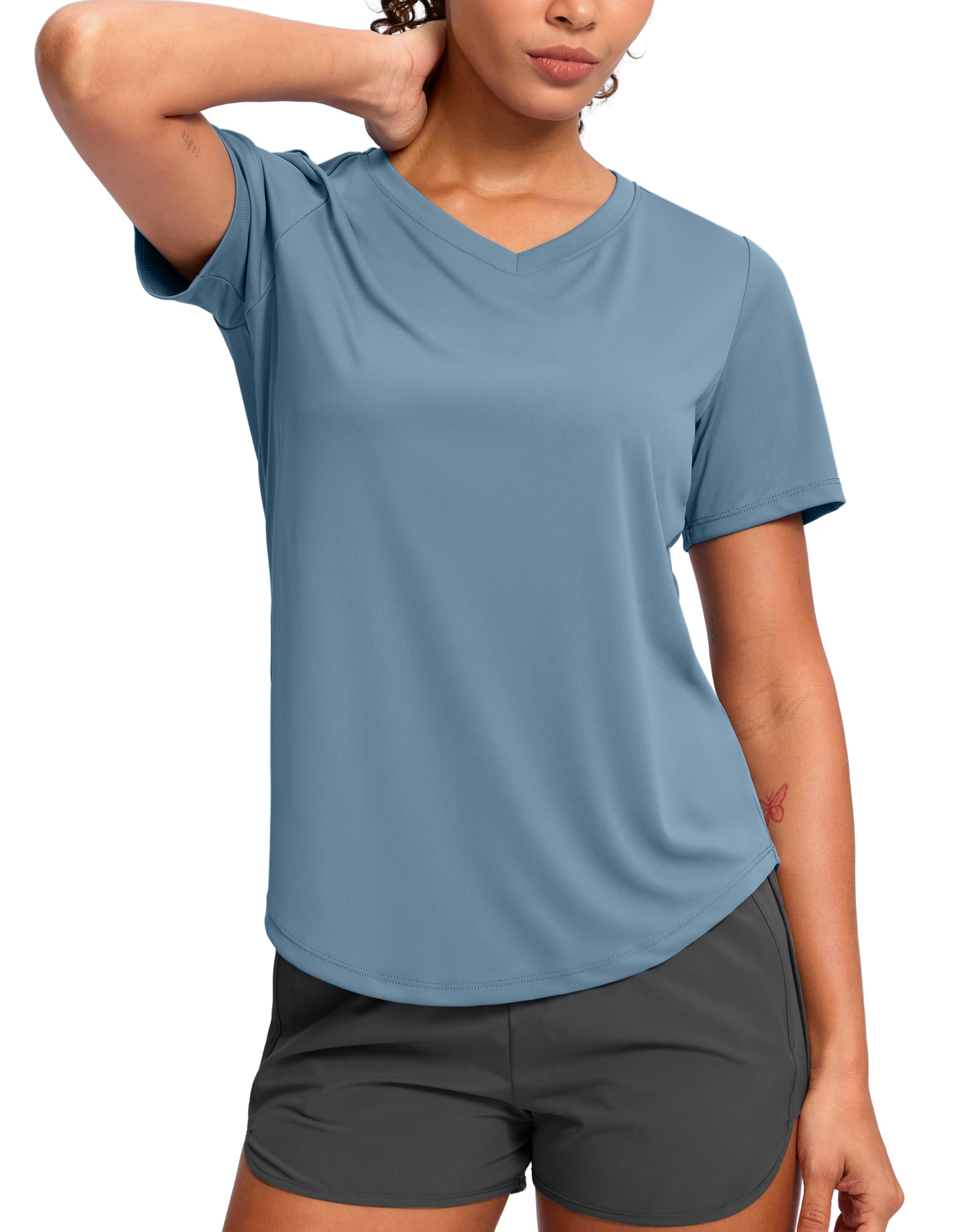 Womens Workout Shirts V-Neck Short Sleeve UPF 50 Sun Shirt Moisture Wicking Dry Fit Top for Gym Running