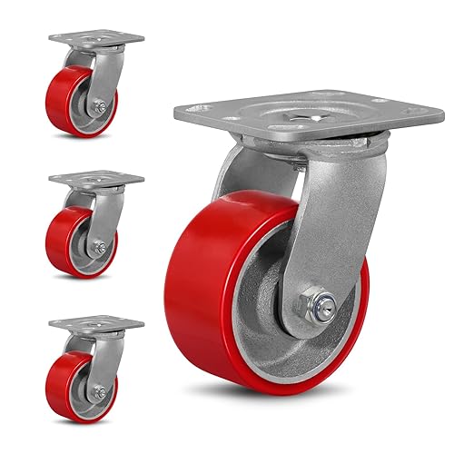 Juego de 4 ruedas giratorias industriales de 4 x 2 pulgadas, capacidad de carga de 3200 libras, rueda de poliuretano sin ruido en cubo de acero para