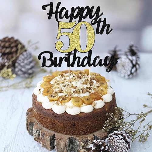 Miniatura 4 de Decoración de pastel de feliz cumpleaños, fuente negra, números dorados, 50 cumpleaños, decoración de fiesta de cumpleaños (50)
