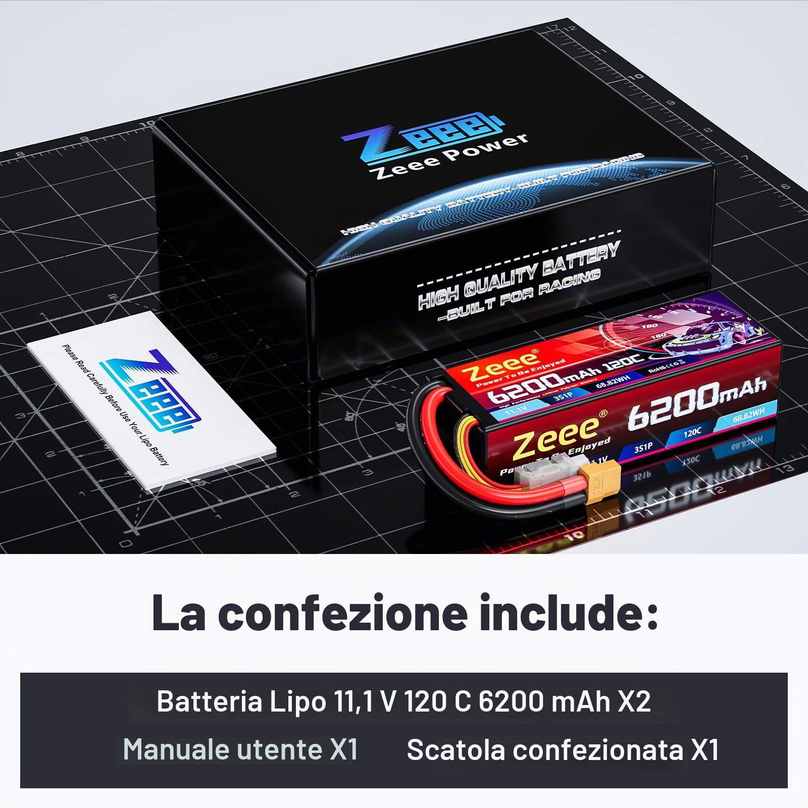 Zeee 3S Lipo 6200mAh 11,1V 120C Batteria con connettore XT60 (2 pezzi) | Batteria RC per auto RC in scala da 1/8 a 1/10, camion cisterna, modelli da corsa