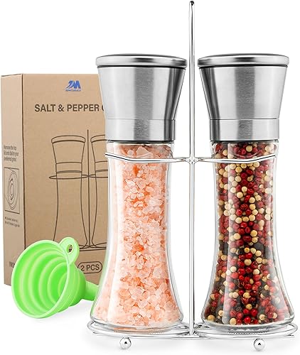 M JINGMEI Juego de molinillo de sal y pimienta, salero y pimienta recargables de acero inoxidable
