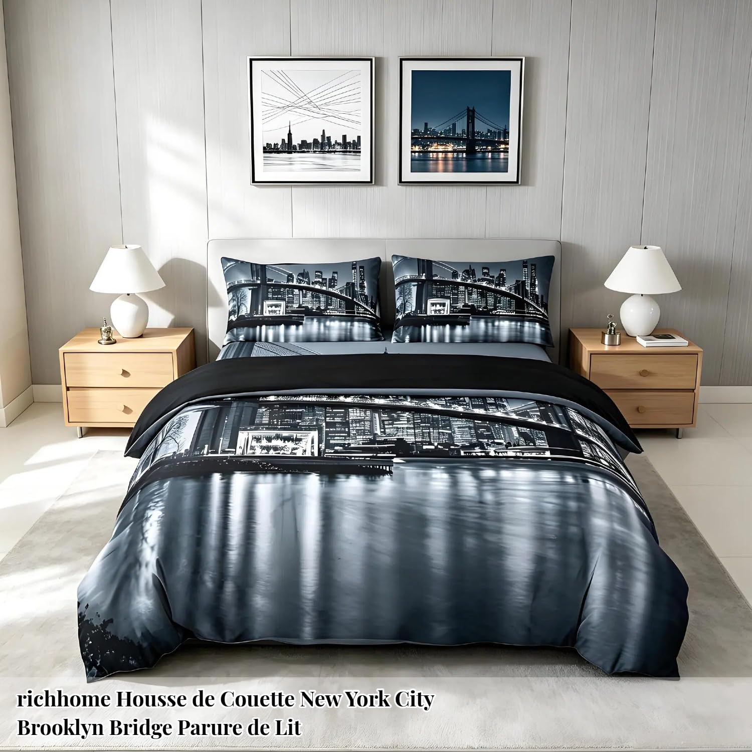 Brooklyn Bridge Parure de Lit Enfants New York City Noir et Blanc Housse de Couette 220x240cm célèbre Ville Image Ensemble de literie