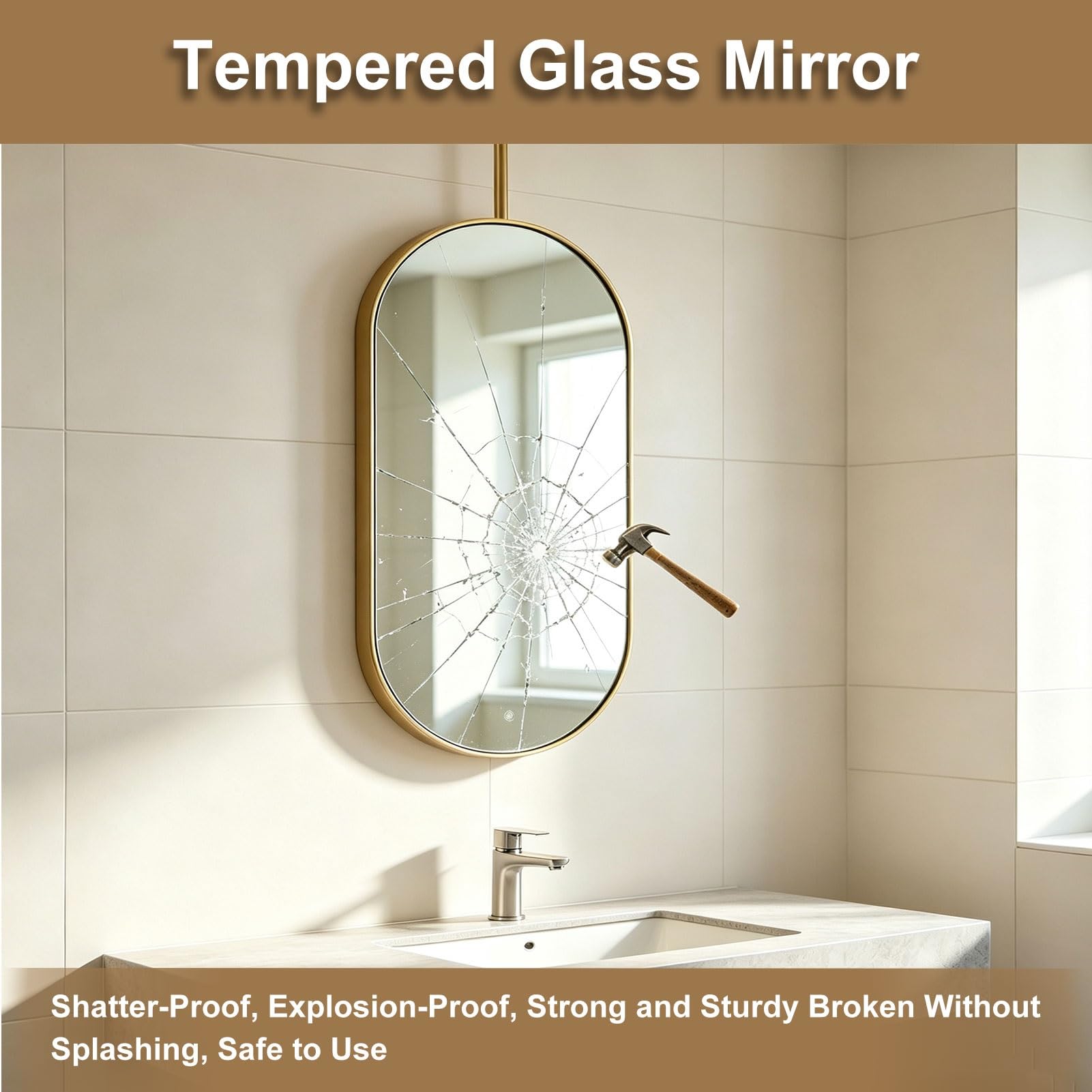 Miroirs de rasage vanité de salle de bains avec tige suspendue au plafond | Miroir monté au plafond avec cadre et flèche en acier inoxydable brossé(Gold,40cmx80cm)