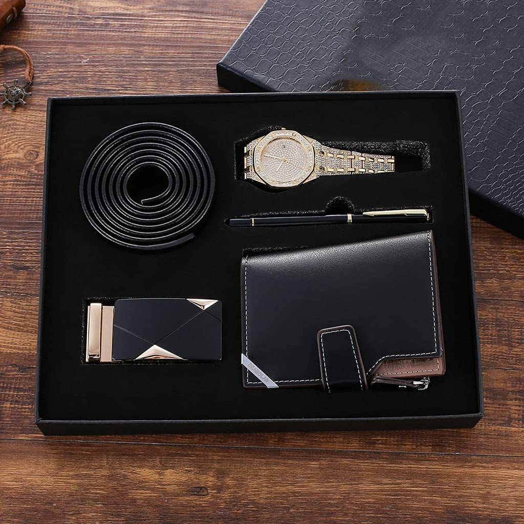 HMTE Confezione Regalo da Uomo 5 Pezzi Set Orologio da Uomo al Quarzo con Diamanti pieni Orologi Moda squisita Confezione Regalo Regalo Cintura Portafoglio