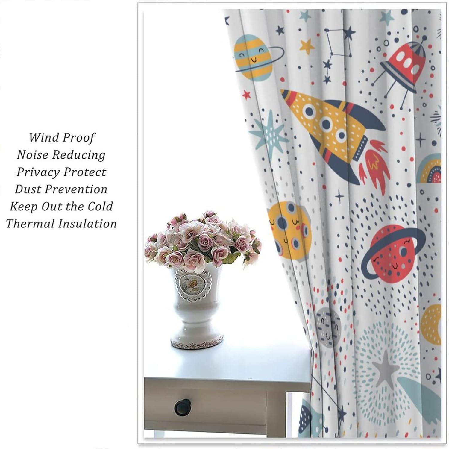 Kids Outer Space Rocket Curtains Cartoon Universe Galaxy Starry Sky Curtains Cosmos Curtains Boys Girls Study Room Bedroom Living Room Window Drapes 2 Panel Set,Total Size 42" x 54"