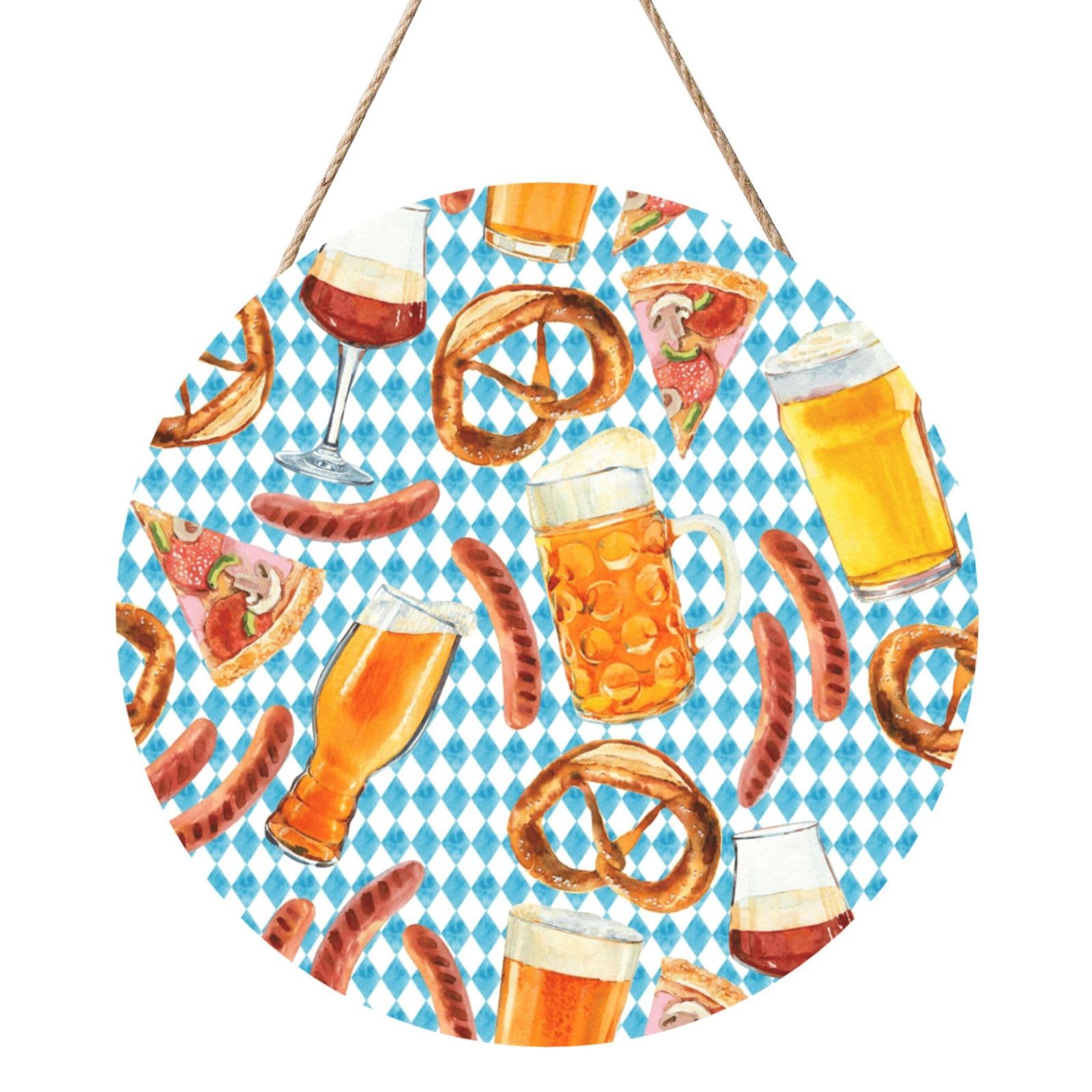 InOmak Sausage Bread Pizza Pattern, Round Wood Panel Painting 12 in, Wall Hanging Painting For Home