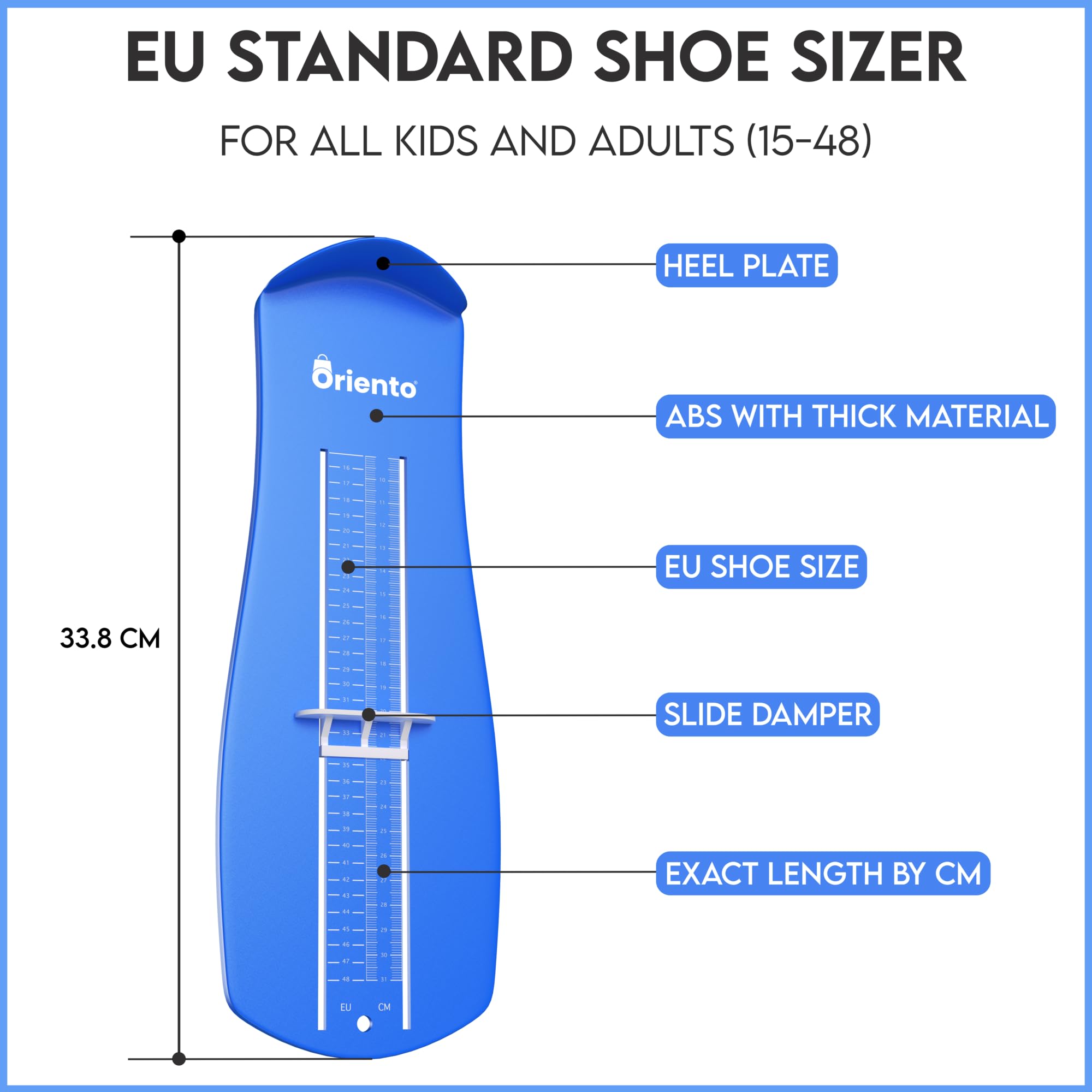 ORIENTO Pédimètre - Accessoire de Mesure du Pied pour Enfant et Adulte - Outil de Mesure du Pied - Pointures Européennes Standard du 15 au 48