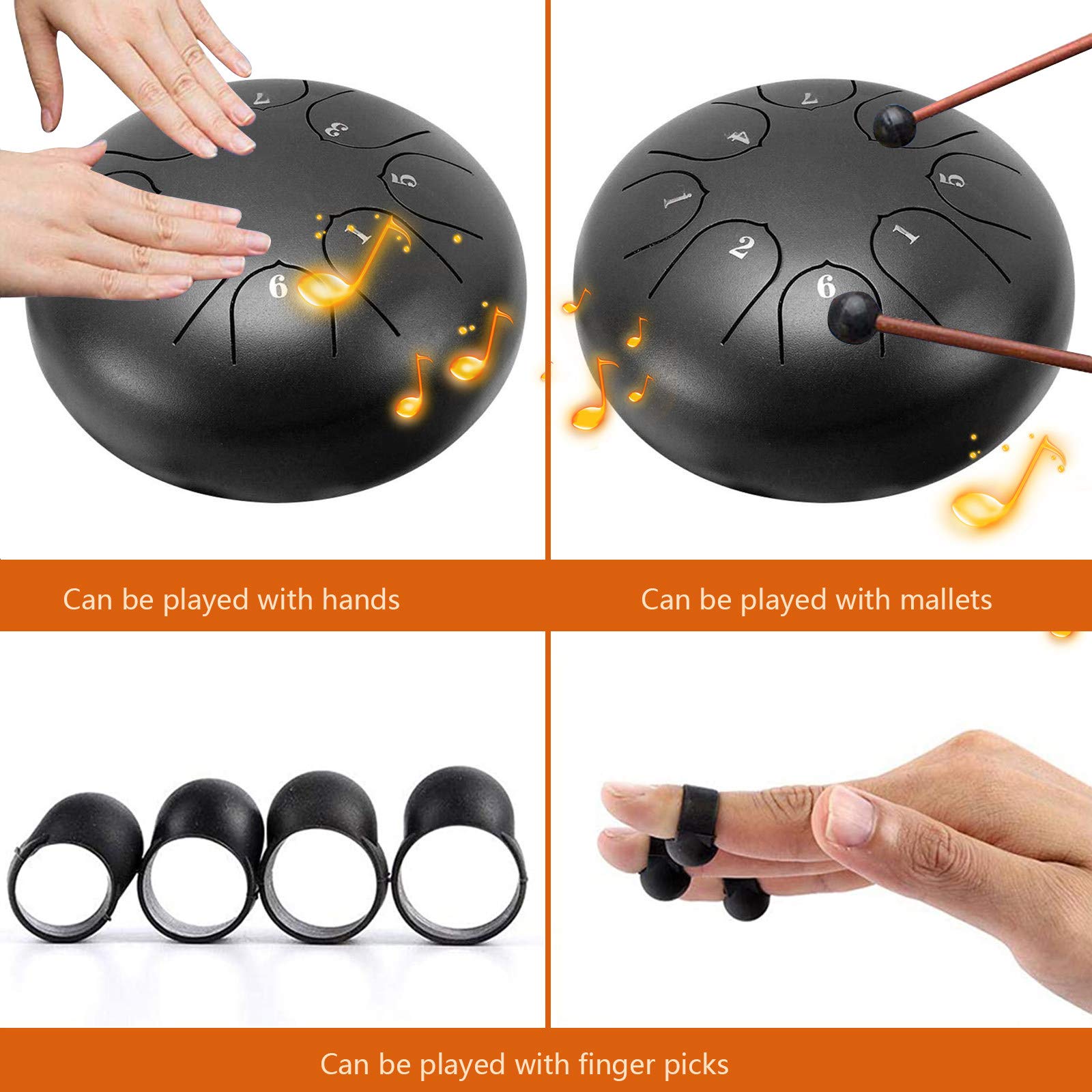 Générique Handpan Tongue Drum allié pour Enfants Adultes, Tambour éthéré, kit de Handpan Tongue Drum pour Instrument à Percussion de 6 Pouces à 8 Notes pour ands, Tambour à Main, Jaune
