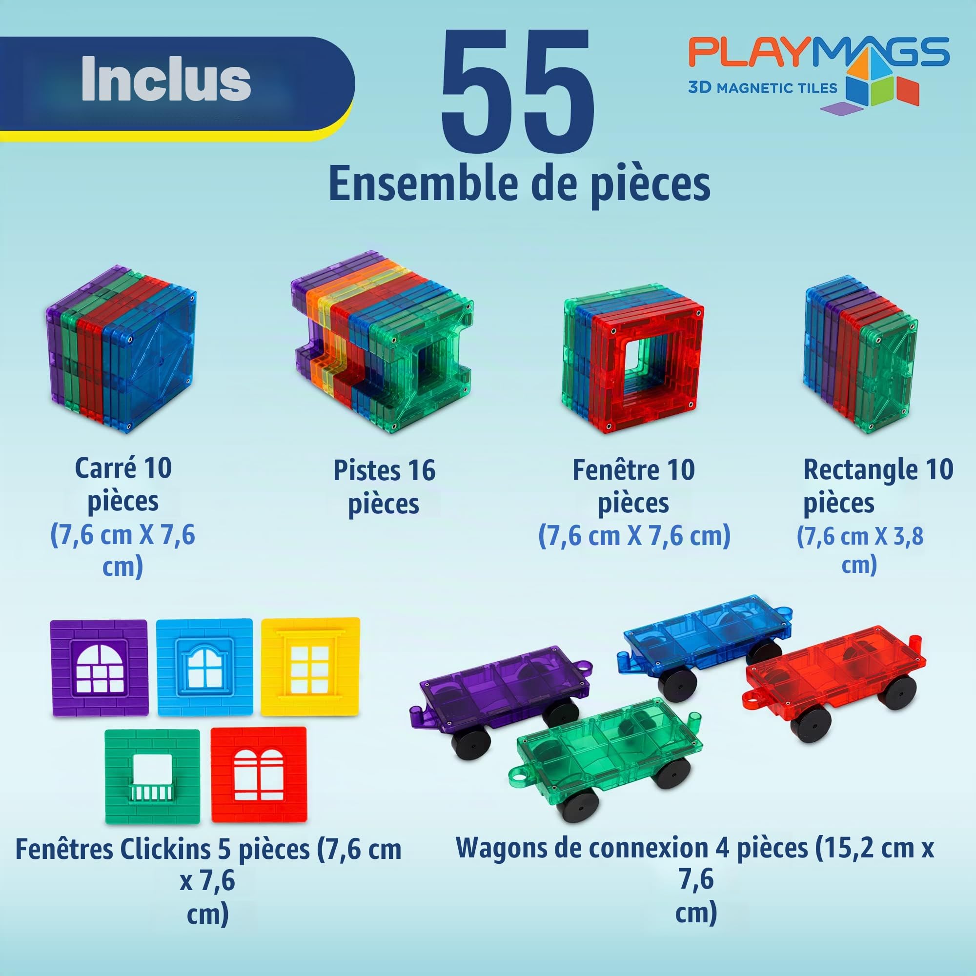 Playmags Ensemble De 50 Tuiles Magnétiques pour Enfants avec 4 Voitures – Blocs De Construction Magnétiques 3D Plus Résistants – Ensemble De Tuiles pour Enfants – Jouets STEM