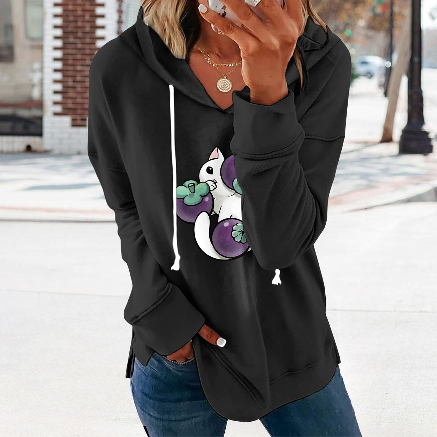 Women's Brick Red Hoodie Pullover Sweatshirt Cotton Blend Loose Fit Long Sleeve Fall Winter Top - Image 2