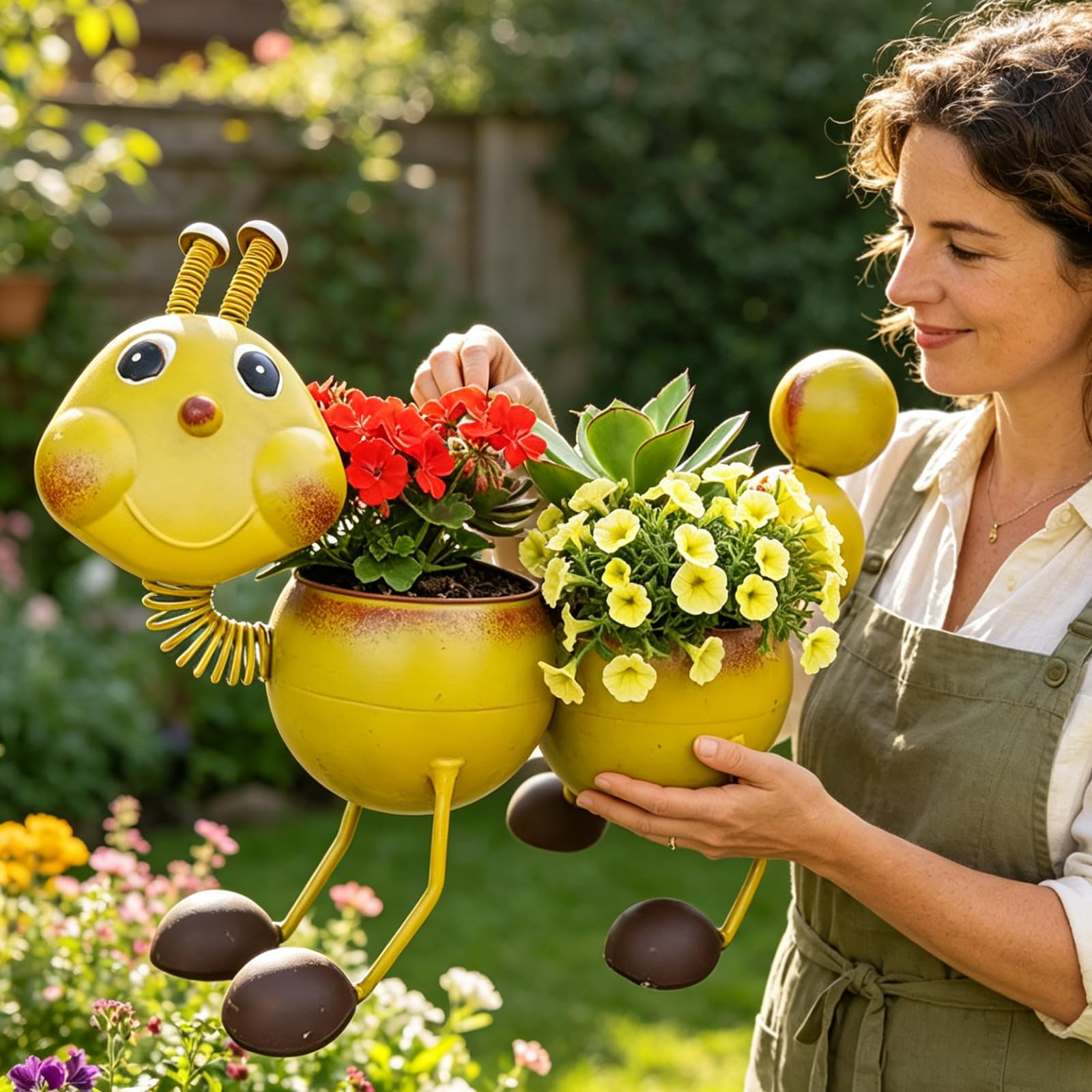 Handgefertigter Pflanzkübel in Raupenform, Rustikale Vintage Gartendeko aus Metall, Origineller Blumentopf für Garten, Terrasse, Hof, Einzigartiges Geschenk für Mama, Gartenliebhaber (Gelb)