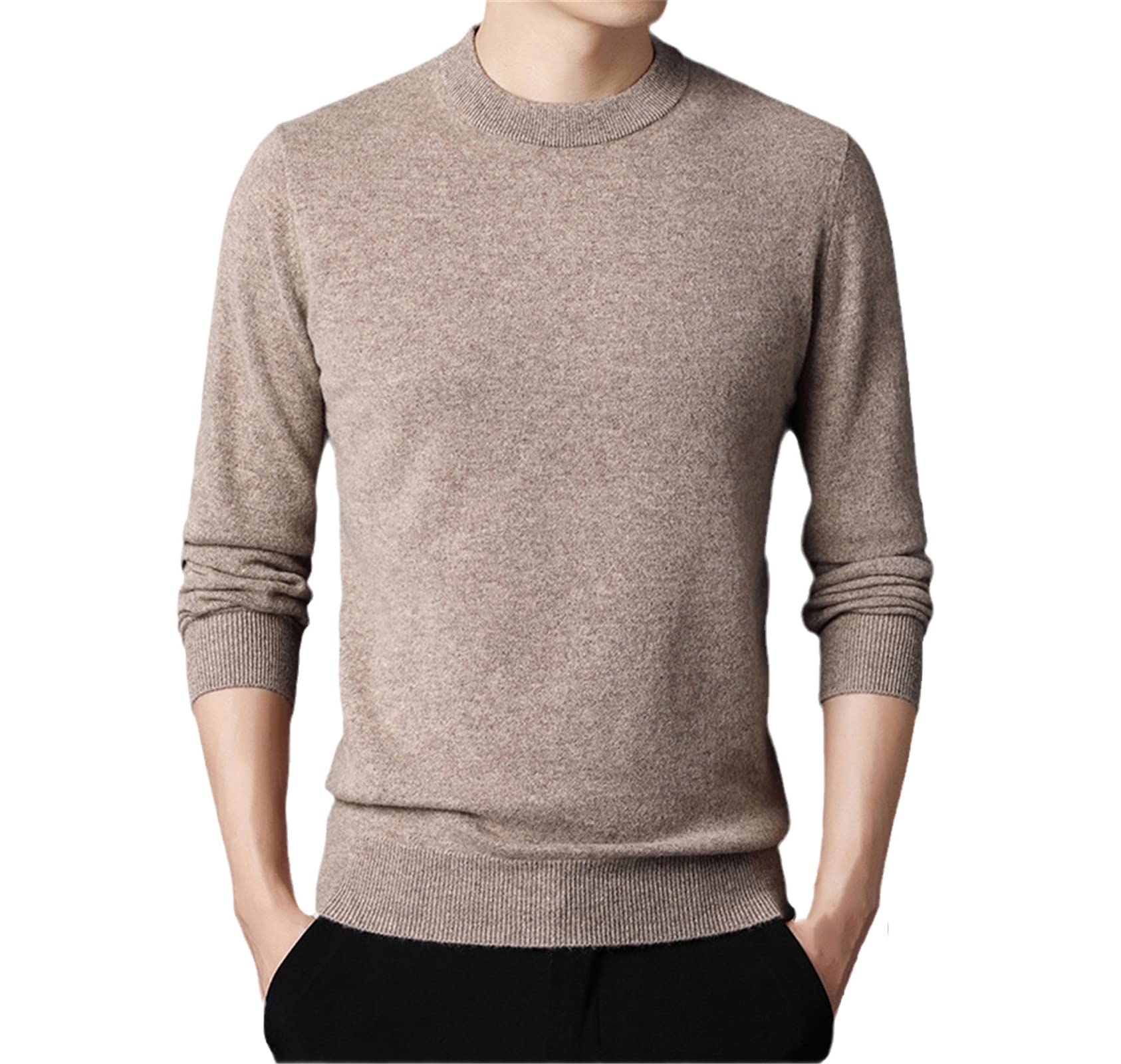 WEGUKRI Maglione 100% puro cachemire degli uomini, inverno rotondo collo blu addensato caldo maglione lavorato a maglia, Cammello, L