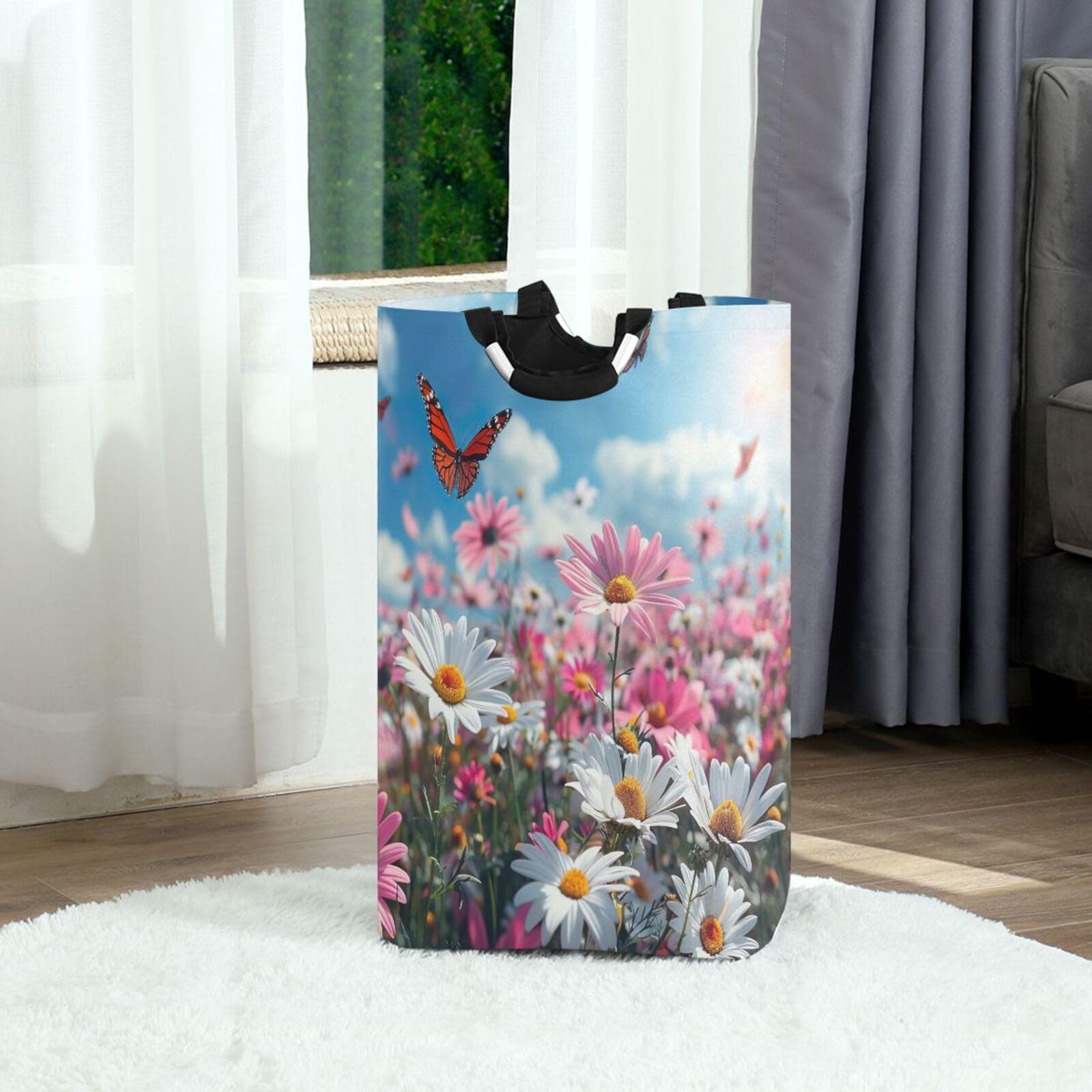 Jihqo Laundry Hamper Basket Natural Flowers Butterfly Collapsible Nursery Storage Bin Waterproof Clothing Baskets for Home Bedroom Bathroom Washing Room