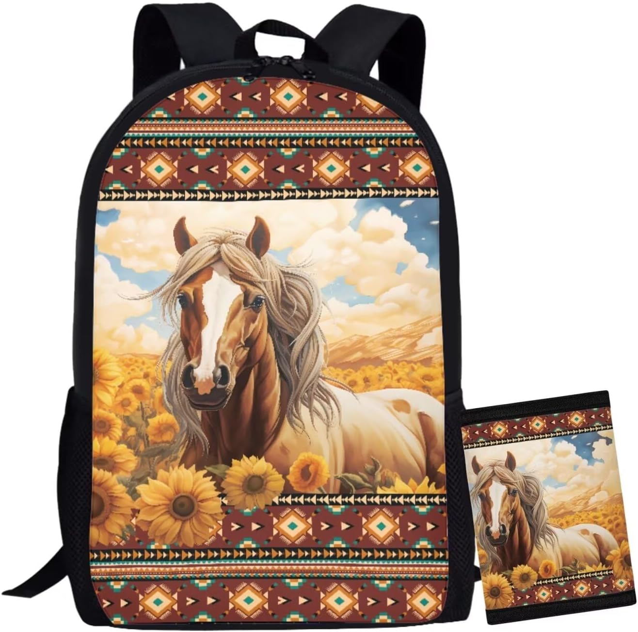 COEQINE Horse Backpacks For Teen Girls Sunflower Book Bag for Women School Bag Set for Student With Trifold Wallet Large Laptop Shoulder Bag With Water Holder Pocket