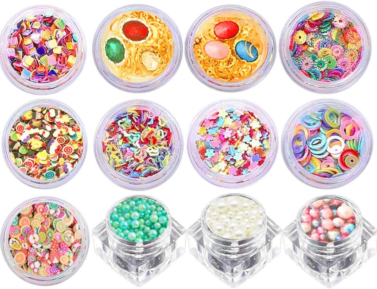 12 Jars DIY Art Craft Slime Nail Charms with Glitter Confetti Sequins, Fruit Cake Fimo Slice, Mermaid Pearl, Mix Gold Alloy Rivets Nail Studs, and 3D Shining Alloy Rhinestones Gem