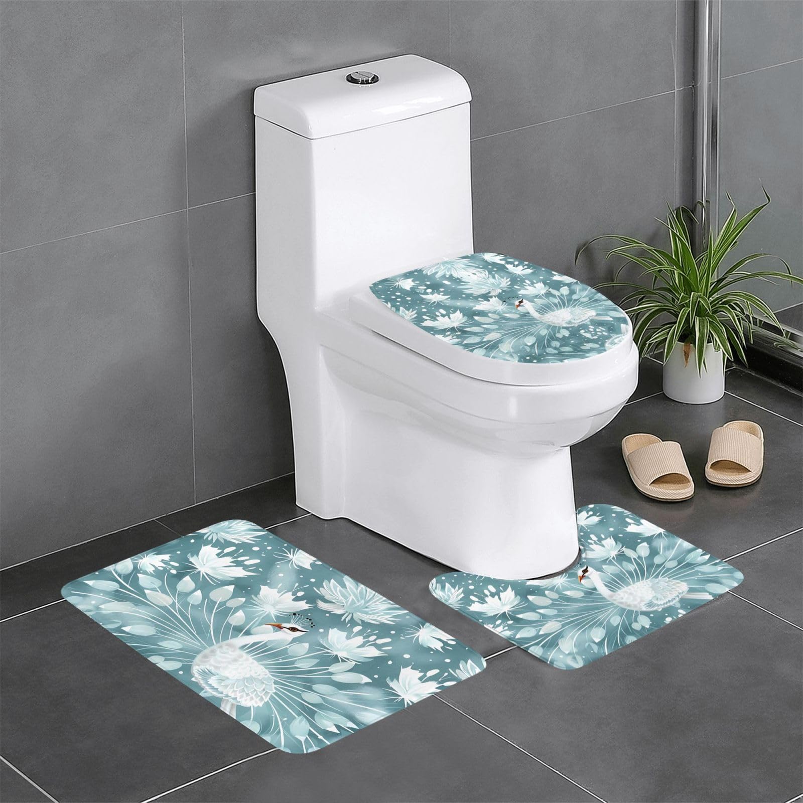 Tapis de salle de bain antidérapants pour coiffeuse et baignoire au motif paon blanc
