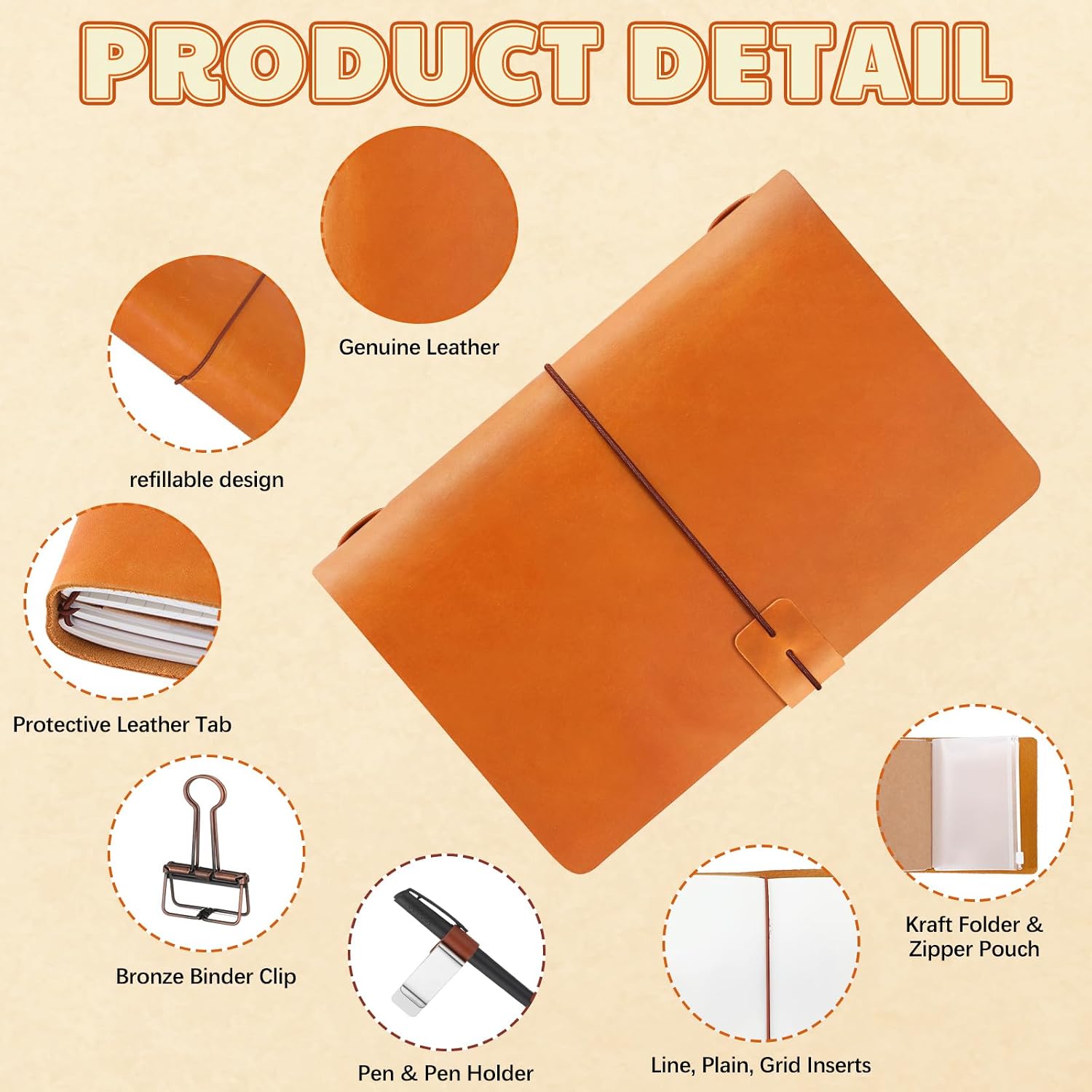 Condition photo showing As Is for thenshop travelers refillable leather journal notebook travel diary handmade passport travelers journal for men and women with 3 notebook inserts, pen holder, binder clip(orange,a5 size) a5 size orange