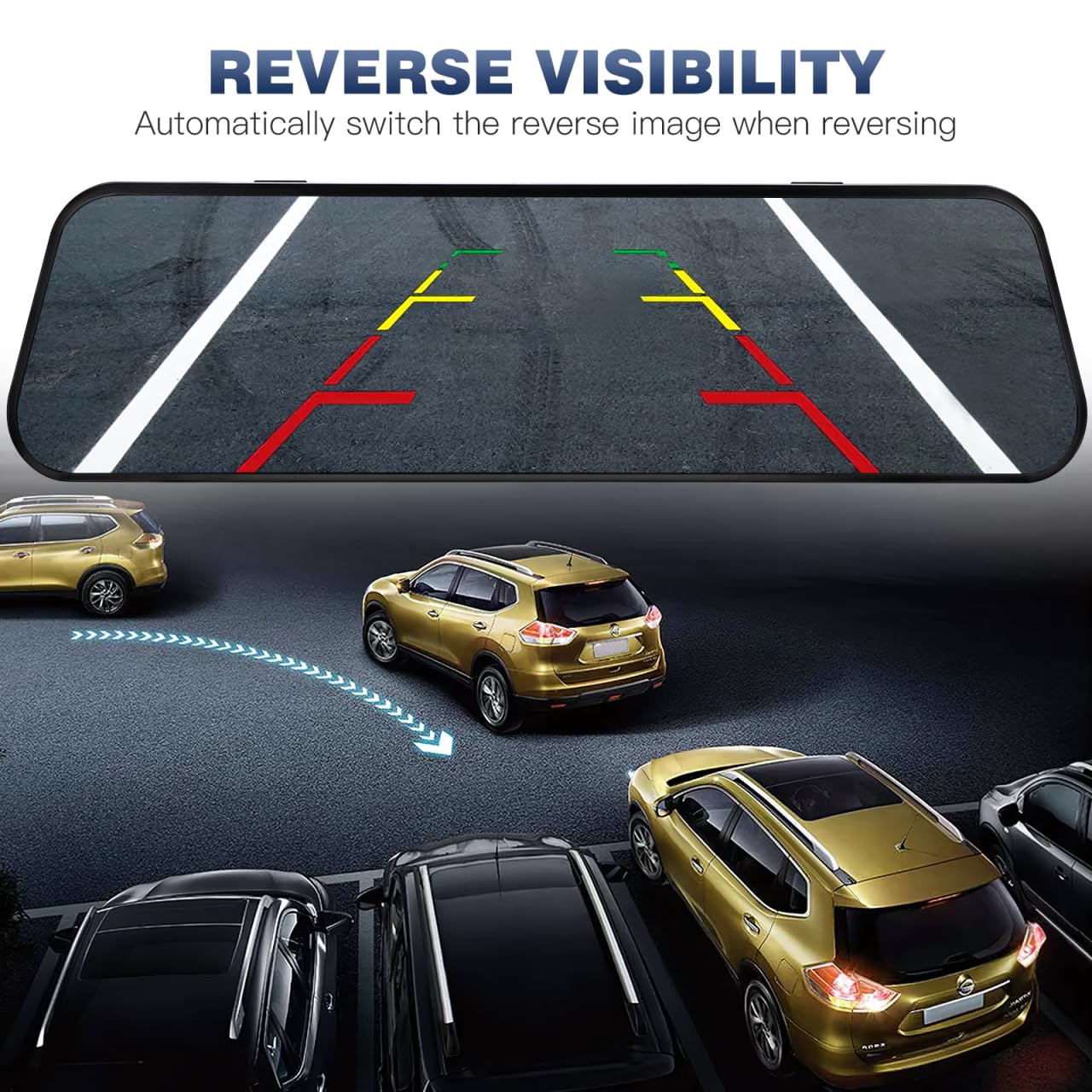 Screen view of the dash cam showing reverse visibility with parking guidelines, assisting a car in parking.