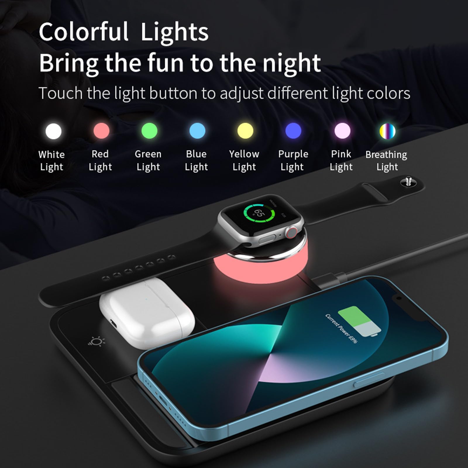 Cargador Inalámbrico 4-En-1, Adecuado Para Teléfonos/Reloj/Auriculares, Carga Rápida De 15 W, Con Luces Coloridas, Certificación Qi,Black