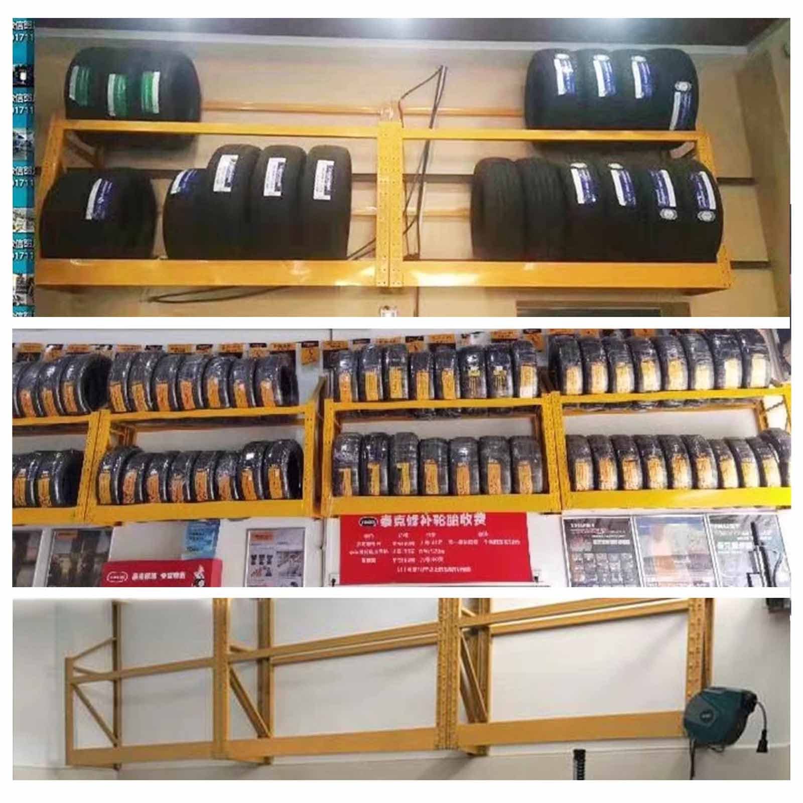 Estante de exhibición de neumáticos, base de neumáticos, soporte para ruedas de garaje, taller, soporte de almacenamiento de neumáticos colgante para ruedas de coche, garaje, amarillo, 150 cm de largo