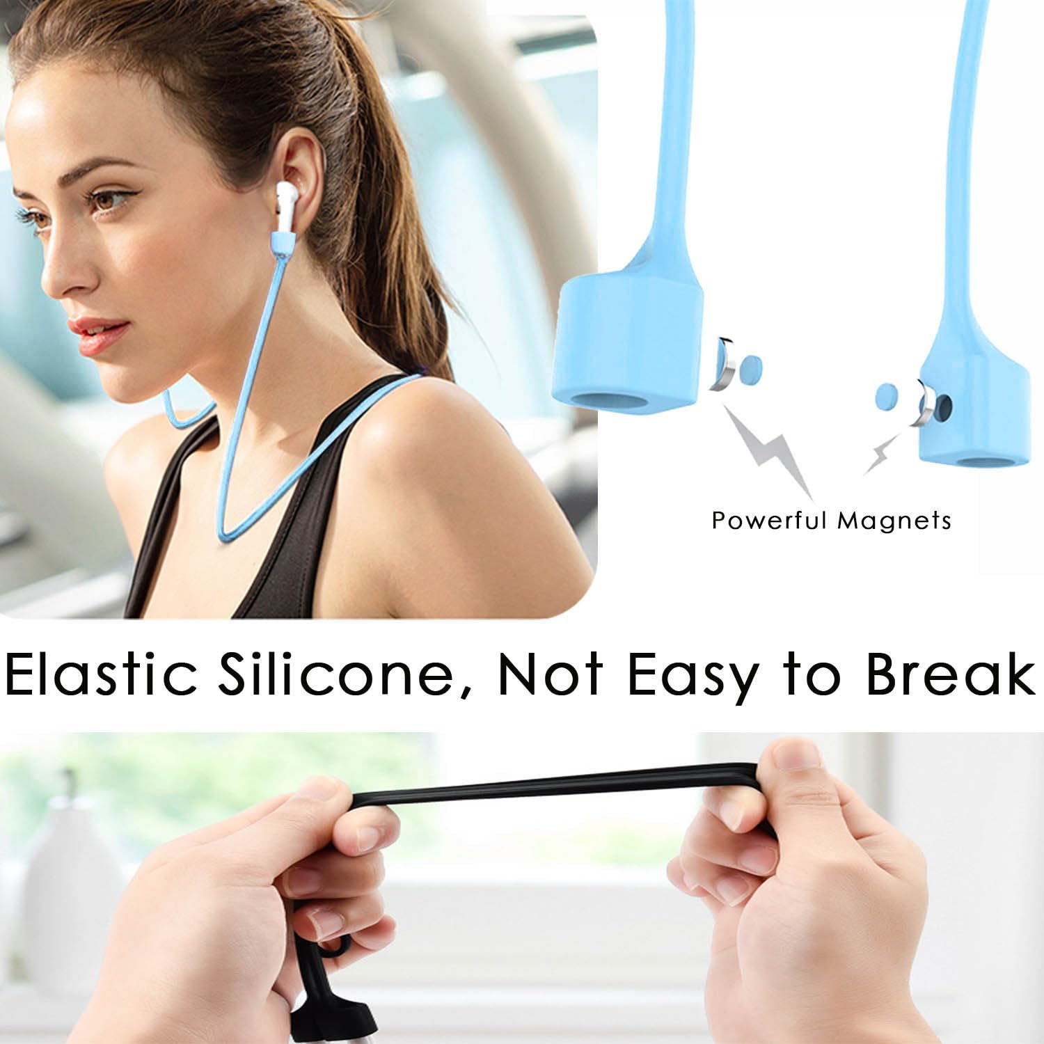 1 Pack Ultra Strong Magnetic Anti-Lost Straps for AirPods, Colorful Soft Silicone Sports Lanyard Compatible with AirPods 4rd / AirPod Pro 1st & 2nd / AirPod 3rd /AirPods 1&2 ,Neck Rope Cord- White: B7-sky Blue