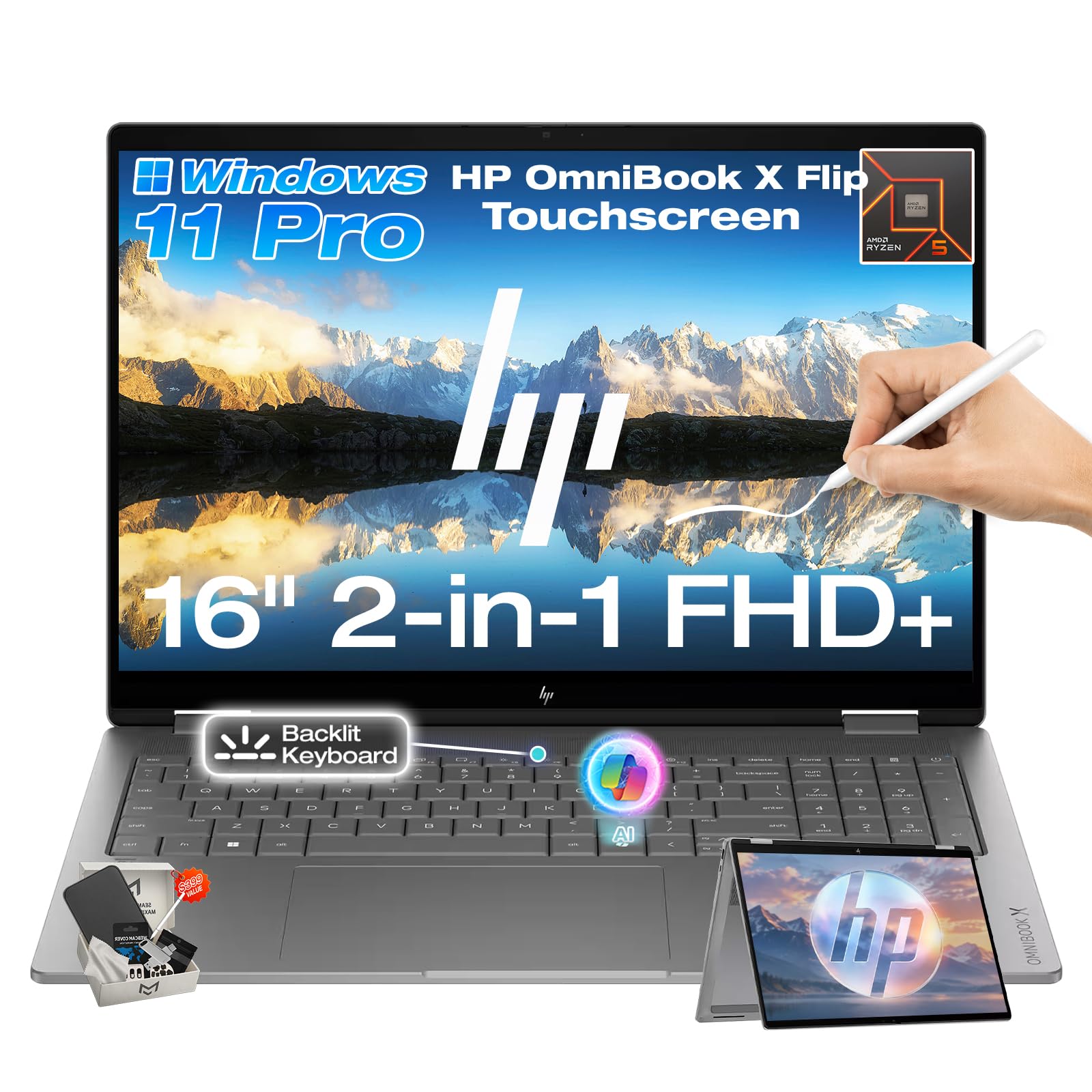 HP OmniBook X Flip 2 in 1 Laptop, 16" 2K OLED Touchscreen, Ryzen AI 5 430