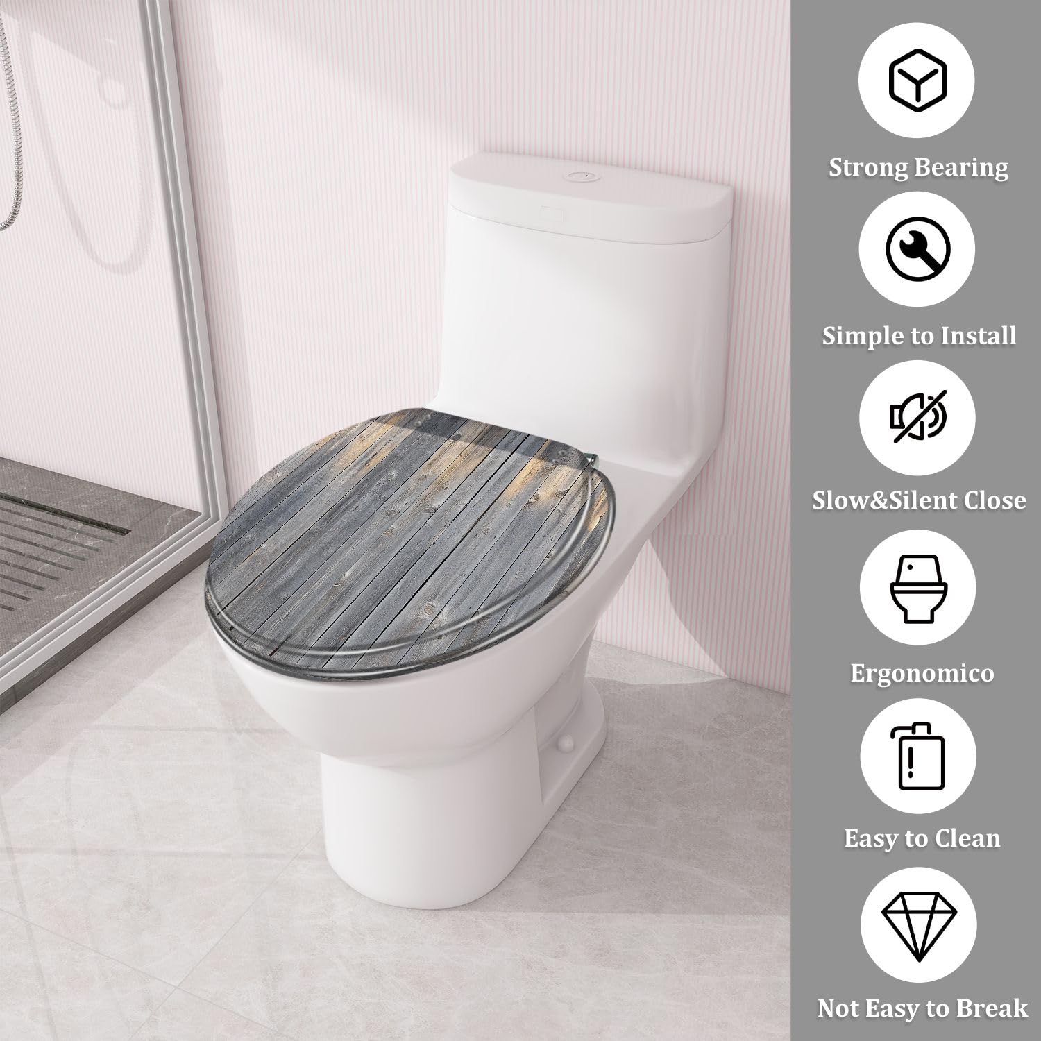 Sedile WC Rotondo In Resina, Effetto Parete Grigio Effetto Legno, Chiusura Ammortizzata, Cerniere A Sgancio Rapido, Decorativo con Copriwater, Facile Da Installare.