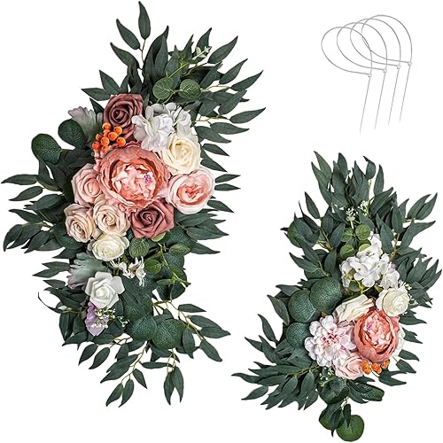 AitnWoy Kit de flores artificiales para arco de boda, 2 unidades, flores de rosas de seda, peonía de seda, letrero de bienvenida para ceremonia de
