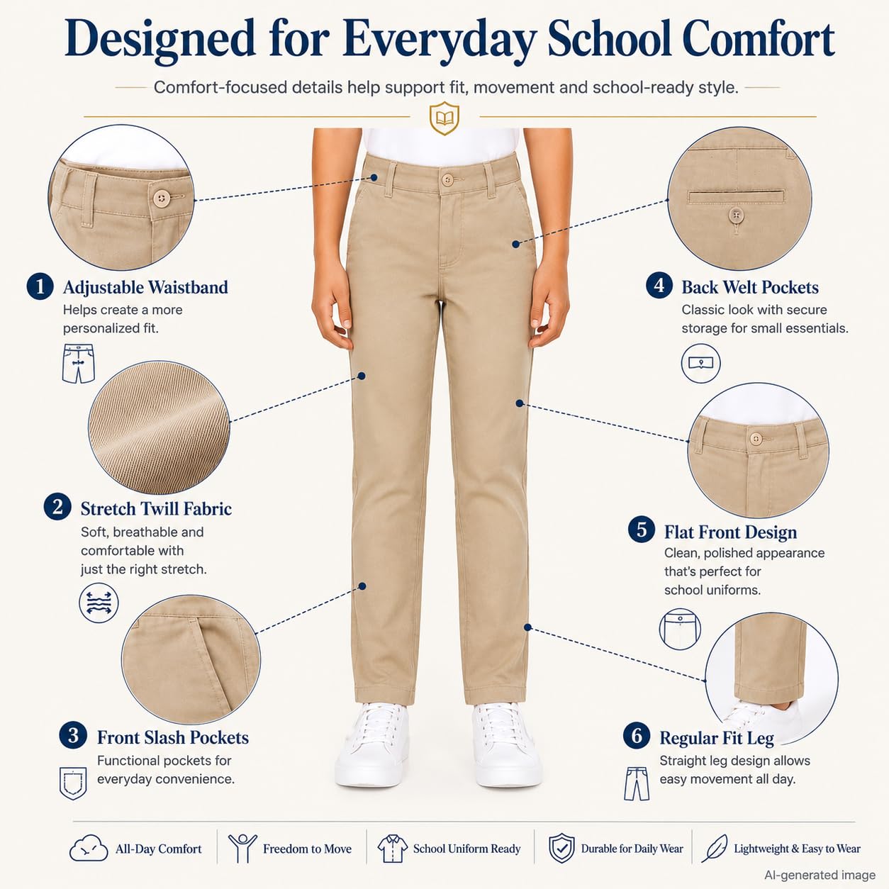 Bienzoe Pantalones de uniforme escolar de algodón elástico con cintura ajustable para niña - beige - 6X