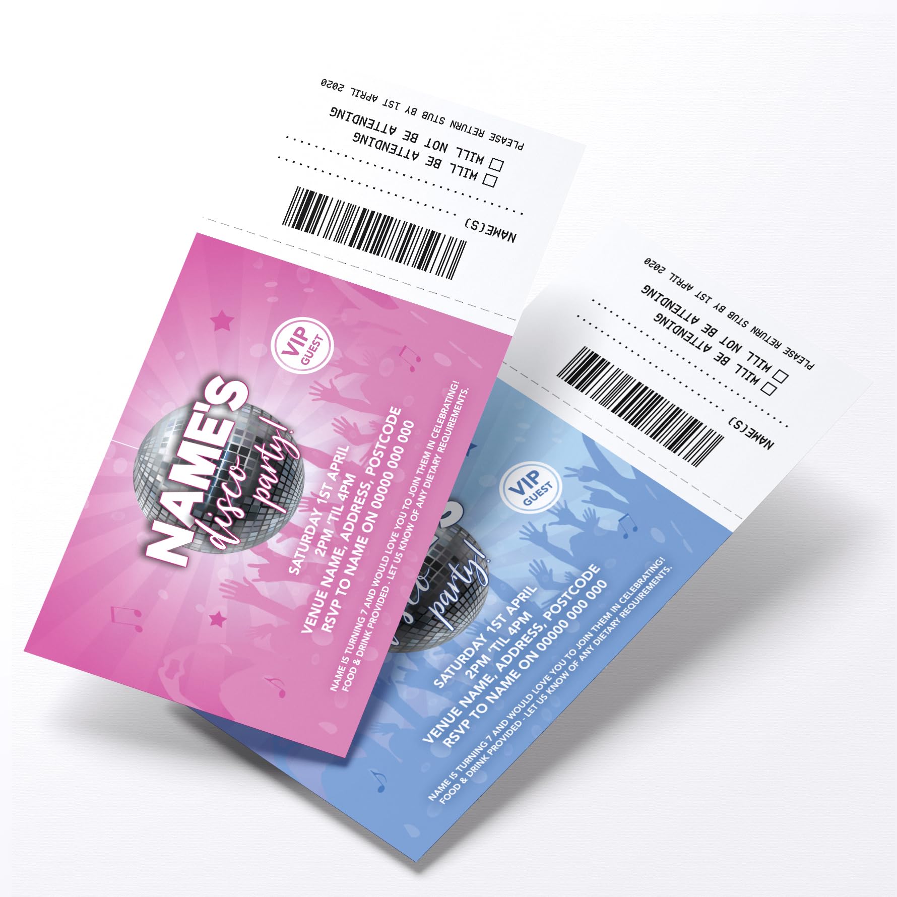MJ DESIGN & PRINT Personalised Disco Party Ticket Style Invitations, Perforated Stubs, Realistic, Novelty, Unique, Kids, Fun, Birthday, Invites, Blue, Pink
